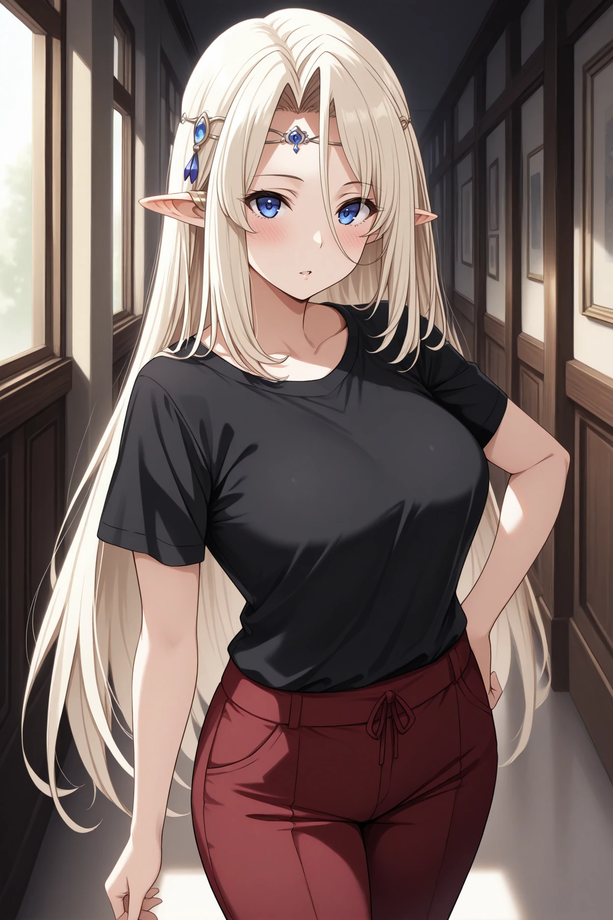 masterpiece, best quality, 1girl, solo, <lora:sdbeatrix-illu-nvwls-v1-000006:1> sdbtr, pointy ears, platinum blonde hair, long hair, hair between eyes, blue eyes, circlet, hair ornament, black t-shirt, red pants, looking at viewer, hallway, hand on hip, parted lips, blush, from side