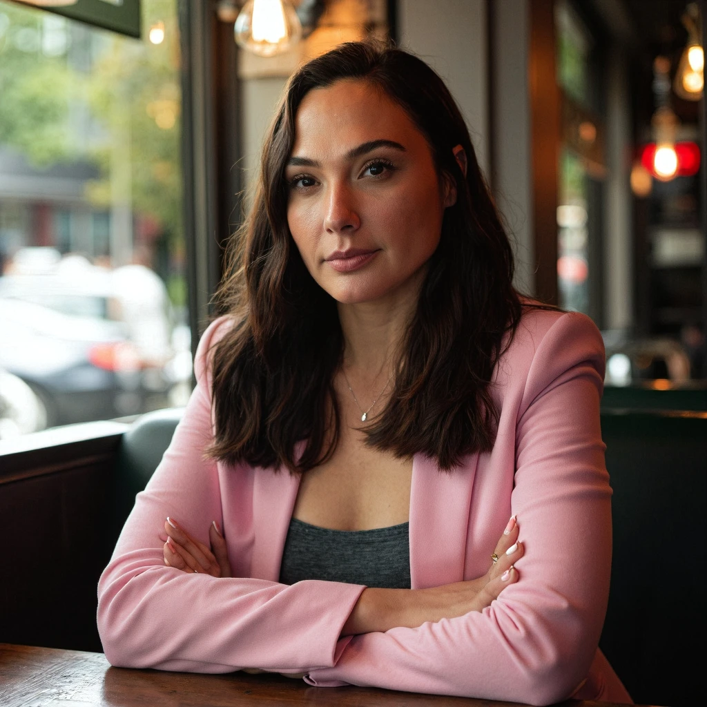galgdt , Gal Gadot, cinematic still, high resolution cinematic still of a beautiful woman wearing a pink jacket sitting at a warm coffee shot, candid photography , inspiration from renowned photographers like Annie Leibovitz, front shot, The image is detailed and shot using a sony A7RIV with 50mm f 1.8 lens. It is a 48 megapixels. 