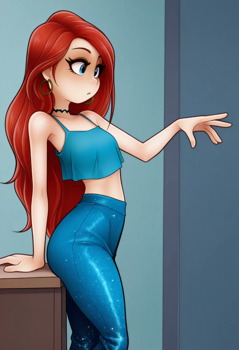 best quality, solo, <lora:JagoDibuja_Style_Illustrious_V2:1> jagostyle, jagostylepinup, 1girl,
<lora:Chelsea_TK_ILLUS:0.85> chelseatk, 1girl, long hair, red hair, blue eyes, aquamarine crop top, choker, hoop earrings, (sparkle pants:0.9), transparent