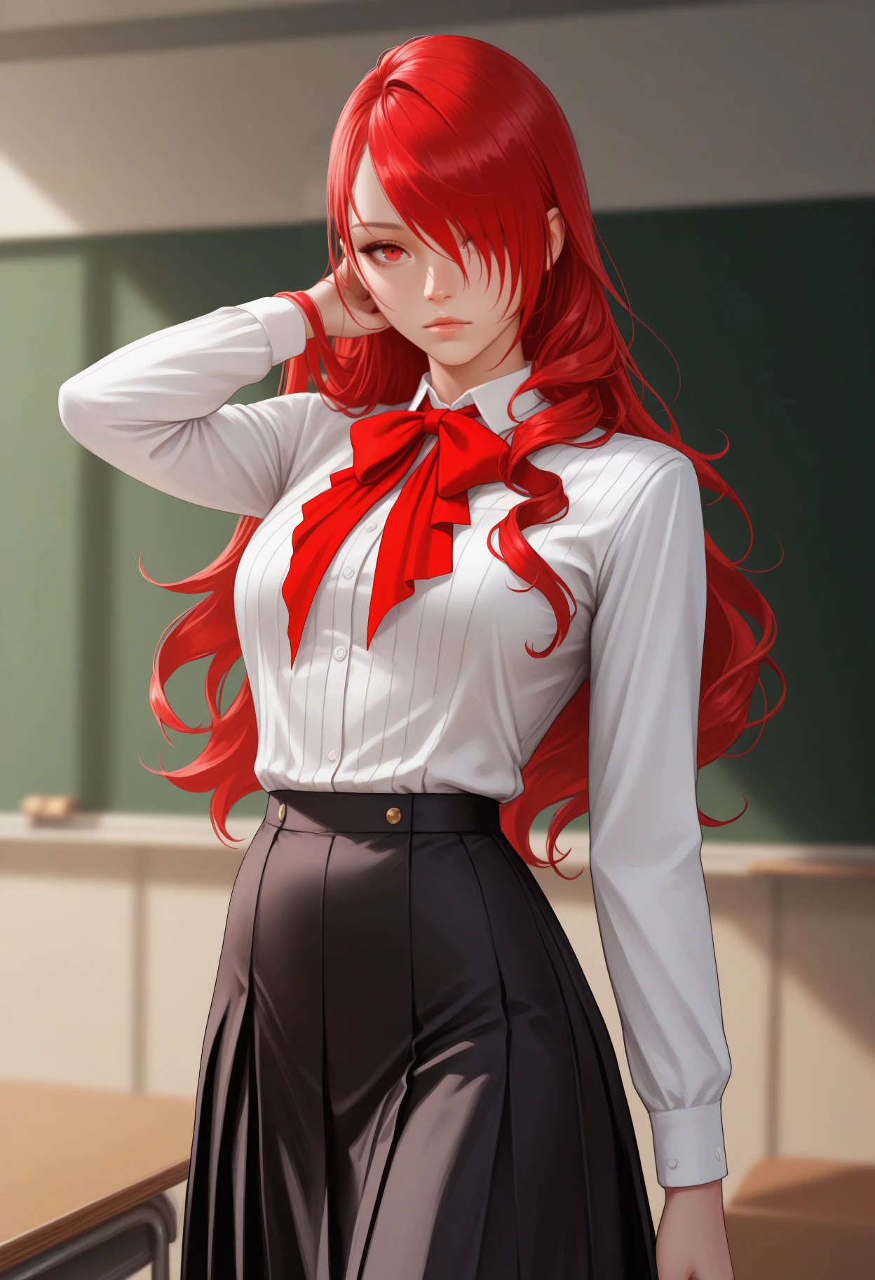masterpiece, best quality, newest, realistic, solo, 1girl, mtsrdef, expressionless, looking at viewer, standing, arm at side, hand in own hair, long hair, red hair, hair over one eye, red eyes, school uniform, white shirt, collared shirt, ribbed shirt, shirt tucked in, red bowtie, long sleeves, black skirt, indoors, classroom
<segment:yolo-face_yolov8m.pt,0.4,0.5//cid=1>