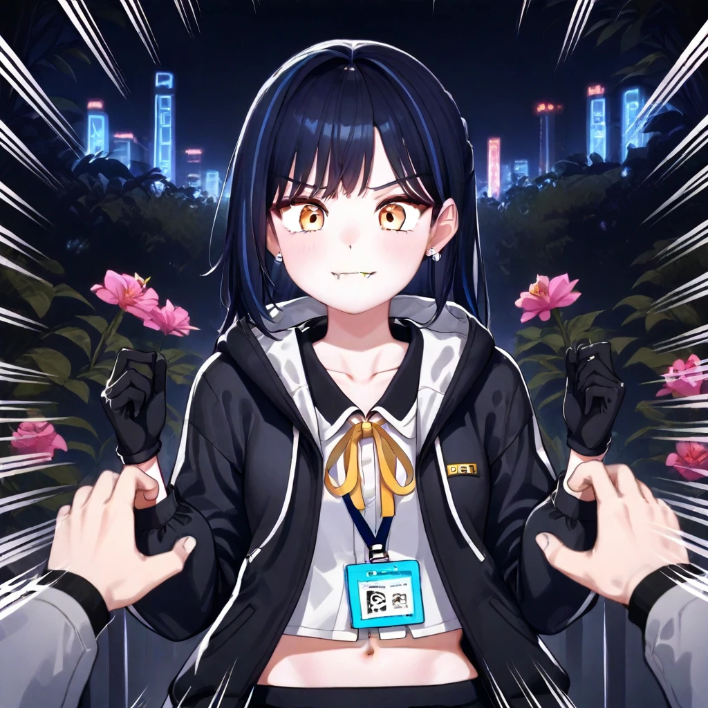 ribbon, shirt, Dark blue hair, black gloves, white background, Puffy sleeves, emphasis lines, closed mouth, hooded jacket, jewelry, night, White socks, flower, white neck ribbon, Yellow neck ribbon, bangs, Pov hands, gloves, fangs, midriff, necktie, id card, collarbone