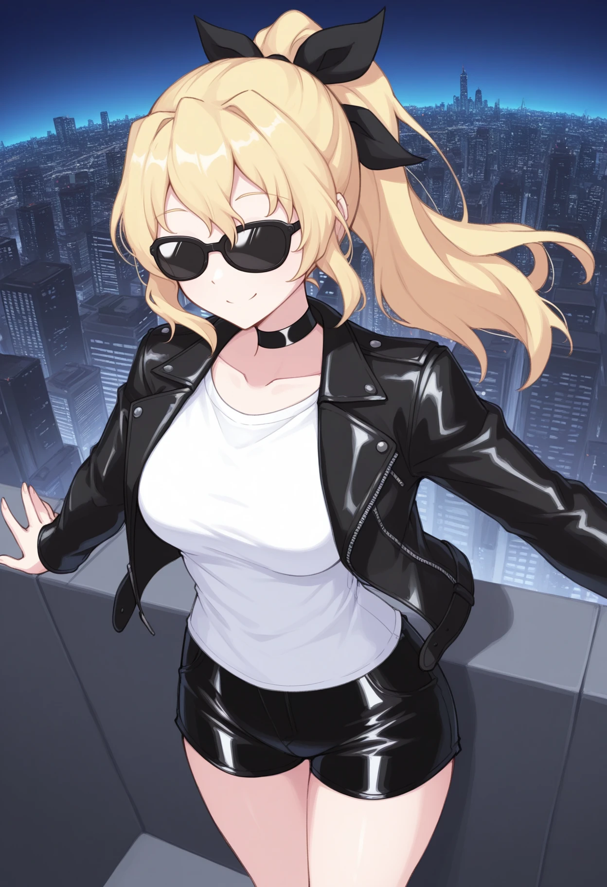 masterpiece, best quality, 1girl, solo, <lora:NSLillyKatawa:1> NSLillyMisc, blonde hair, long hair, ponytail, black ribbon, hair ribbon, black choker, white t-shirt, black jacket, leather jacket, black shorts, latex shorts, cityscape, from above, sunglasses, outstretched arms, no eyes, smile