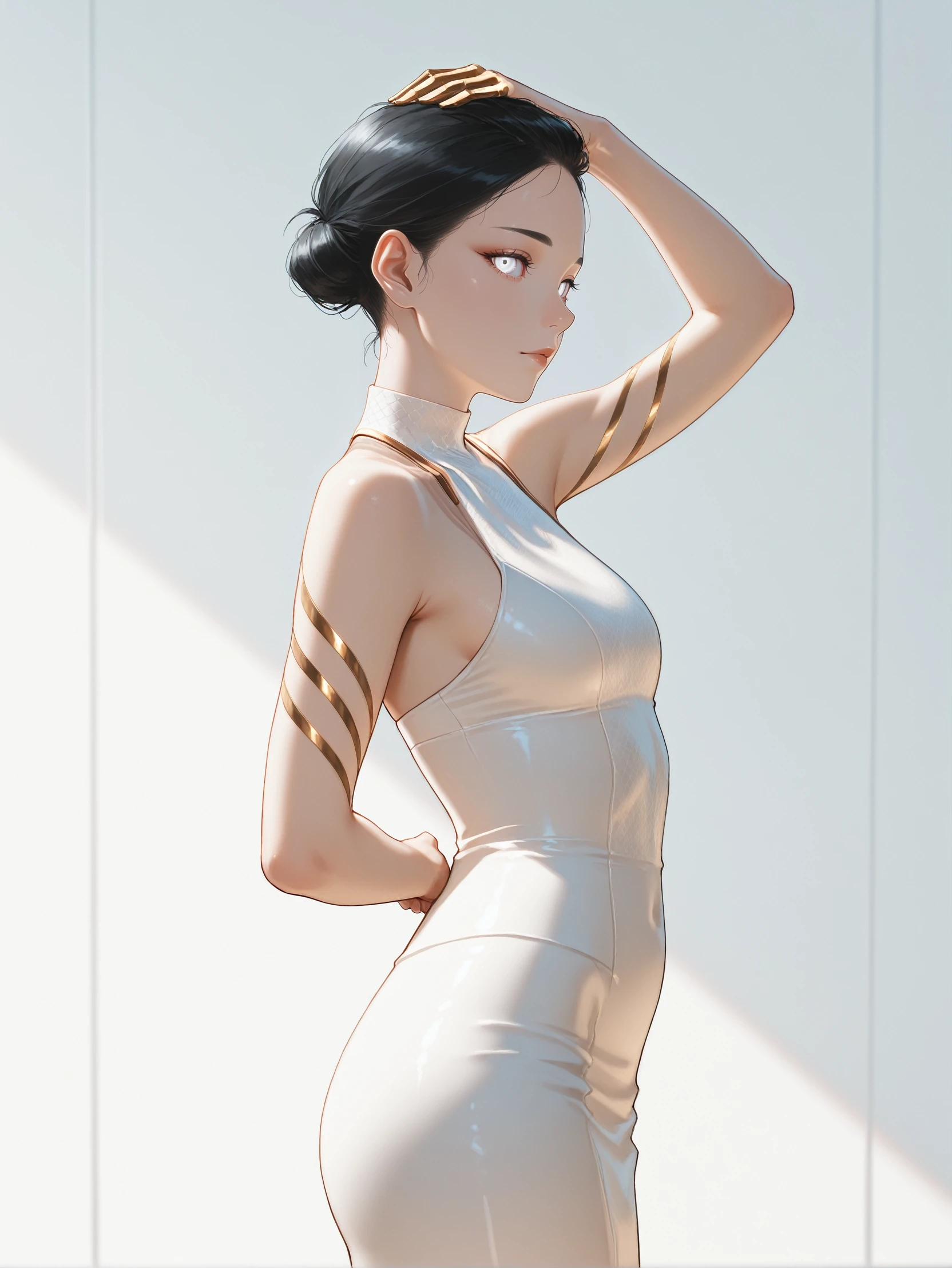 masterpiece, best quality, absurdres,
<lora:ILCyberHanako:1.0>
CyberHanako, 1girl, black hair, white eyes, looking at viewer, standing, one hand resting above the head, slightly turned, side view