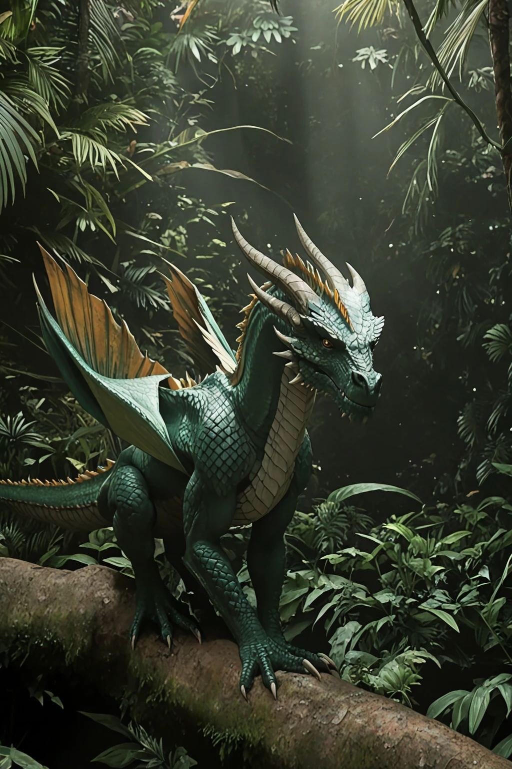 masterpiece, good quality, best quality, very awa, very as2, absurdres, highres
<lora:DragonsilluLoRA.json:1>dragon, monster, scales, horns, claws, tail, spikes, green skin, closed mouth, serious, in a jungle, (folded wings:2 )