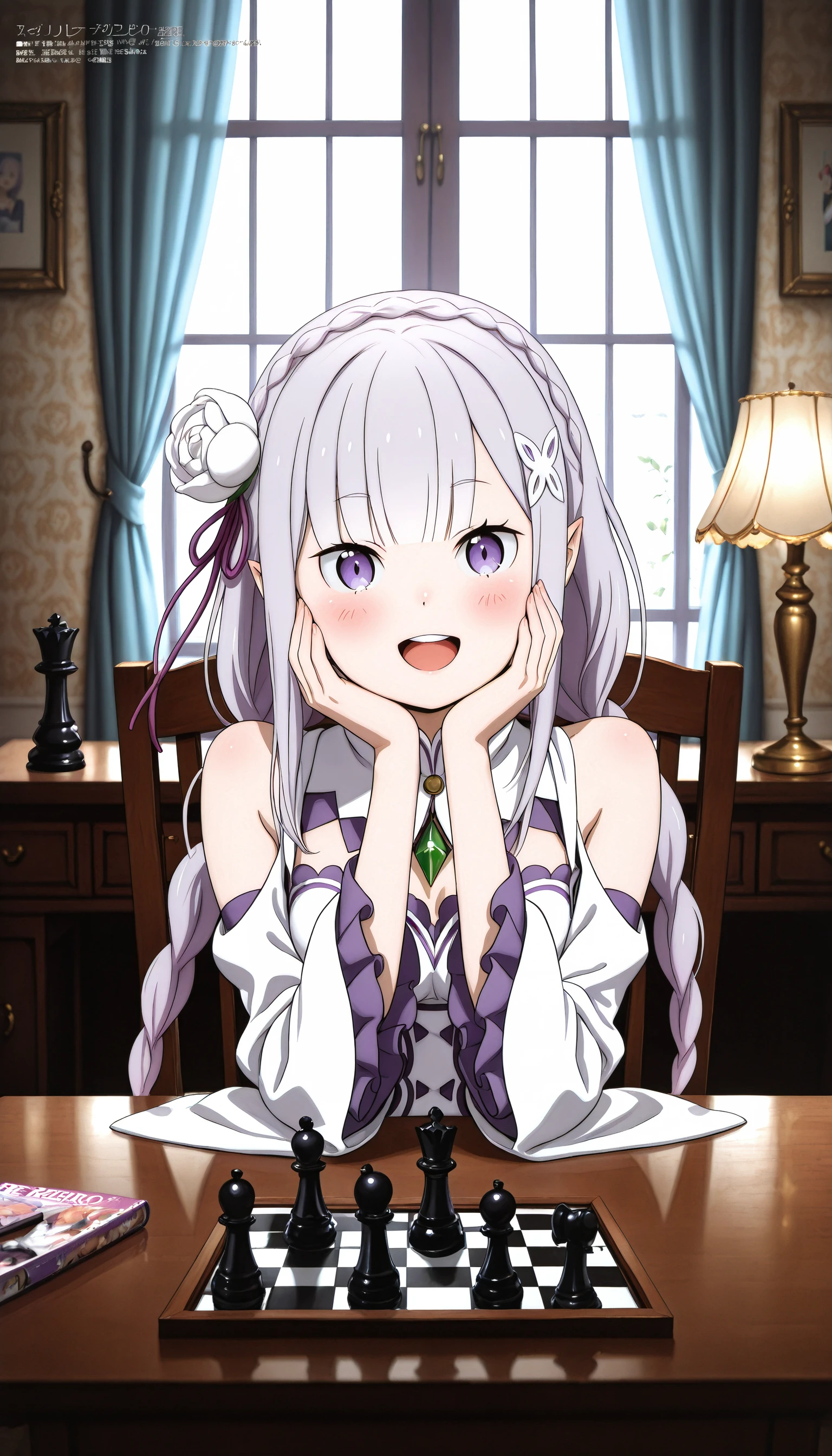 ((SK-Illu, sakai_kyuuta, 1girl, solo, long_hair, blush, looking_at_viewer, smile, open_mouth, bangs, eyebrows_visible_through_hair, hair_ornament, shirt, dress, ribbon, long_sleeves, bare_shoulders, sitting, very_long_hair, purple_eyes, hair_ribbon, purple_hair, braid, flower, upper_body, :d, detached_sleeves, frills, teeth, pointy_ears, official_art, hair_flower, indoors, blunt_bangs, twin_braids, scan, window, clothing_cutout, copyright_name, rose, chair, table, upper_teeth, curtains, elf, white_flower, light_purple_hair, desk, round_teeth, re:zero_kara_hajimeru_isekai_seikatsu, lamp, hands_on_own_face, chess_piece, white_rose, shoulder_cutout, megami_magazine, hands_on_own_cheeks, magazine_scan, emilia_(re:zero), quill))