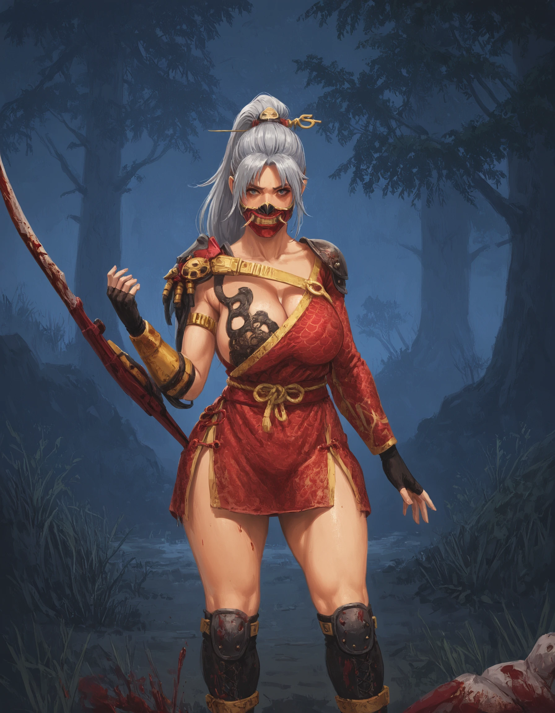 score_9, score_8_up, score_7_up, masterpiece,<lora:sn0wStyle:1> <lora:HKHorrorXL:1>1girl, mask, armor, solo, gloves, shoulder armor, weapon, hair stick, fingerless gloves, looking at viewer, hair ornament, blood, long hair, gray hair, ponytail, the skull merchant, outdoor, sunlight<lora:The_Skull_Merchant_Lunar_Outfit_Dead_by_Daylight:0.8>wide hips, thick thighs, hyper hips, huge breasts, gigantic breasts, gigantic ass, , voluptuous, venus body <lora:Yojouhan_Shobou_Artstyle:0.8> Yojouhan Shobou