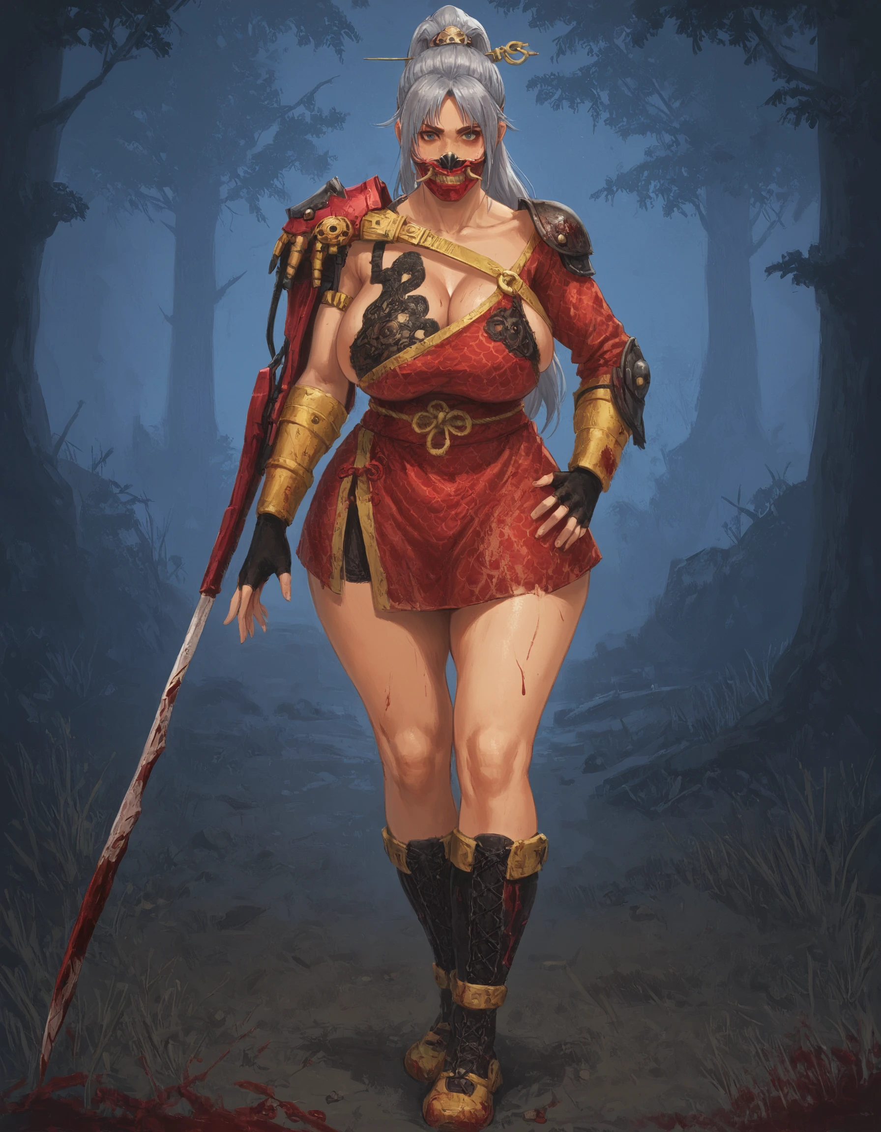 score_9, score_8_up, score_7_up, masterpiece,<lora:sn0wStyle:1> <lora:HKHorrorXL:1>1girl, mask, armor, solo, gloves, shoulder armor, weapon, hair stick, fingerless gloves, looking at viewer, hair ornament, blood, long hair, gray hair, ponytail, the skull merchant, outdoor, sunlight<lora:The_Skull_Merchant_Lunar_Outfit_Dead_by_Daylight:0.8>wide hips, thick thighs, hyper hips, huge breasts, gigantic breasts, gigantic ass, , voluptuous, venus body <lora:Yojouhan_Shobou_Artstyle:0.8> Yojouhan Shobou