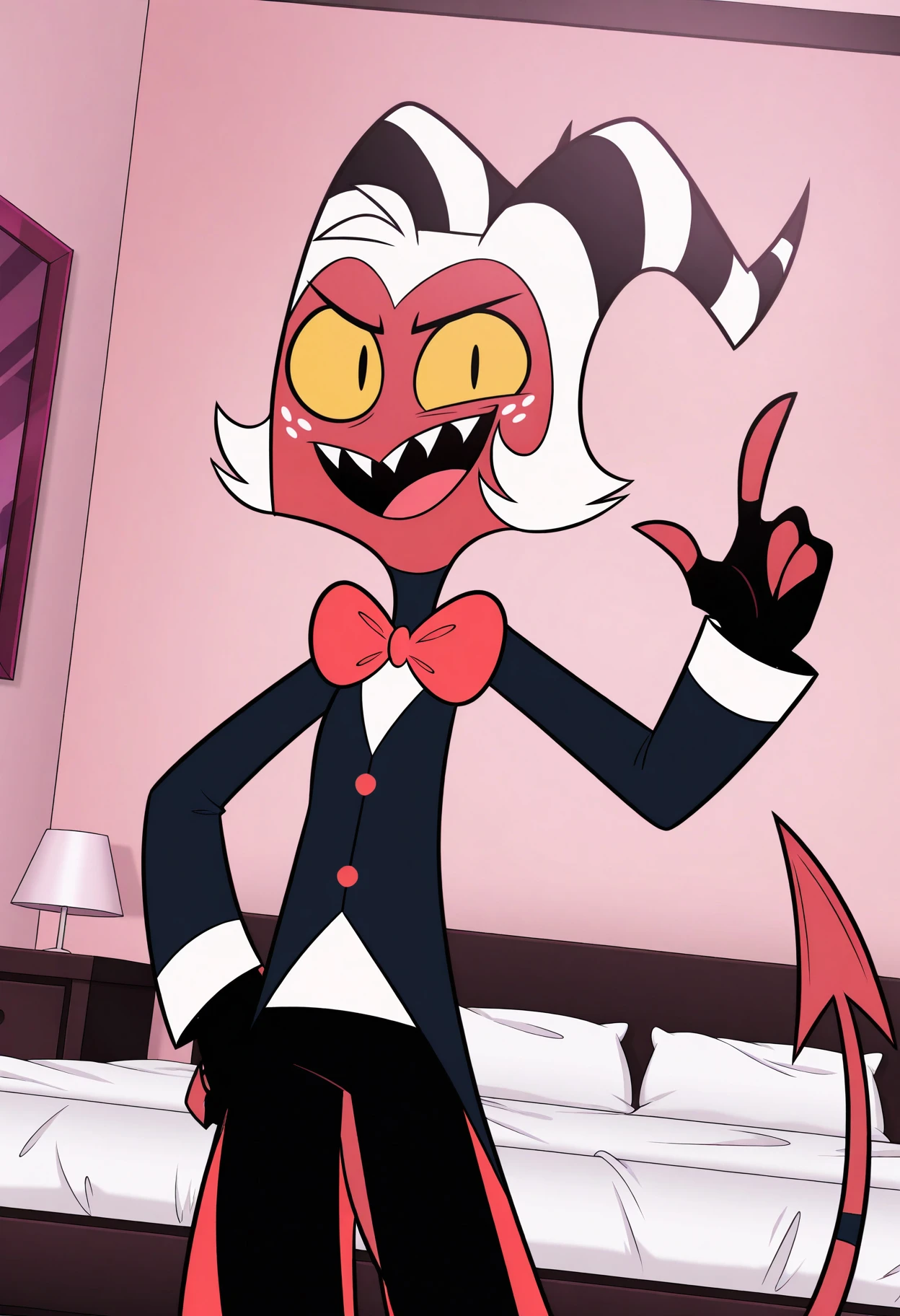anime screencap, absurdres, high quality, official style, moxxie \(helluva boss\), moxxie, colored skin, red skin, colored sclera, yellow sclera, slit pupils, short hair, white hair, horns, demon horns, black and white horns, white freckles, tail, demon tail, imp, demon boy, coat, black coat, red bowtie, white shirt, fingerless gloves, black pants, looking at viewer, open mouth, happy, smile, sharp teeth, hand on own hip, cowboy shot, dutch angle, indoors, bedroom, bed, <lora:Moxxie_Helluva_Boss_Illustrious_Edition:1>