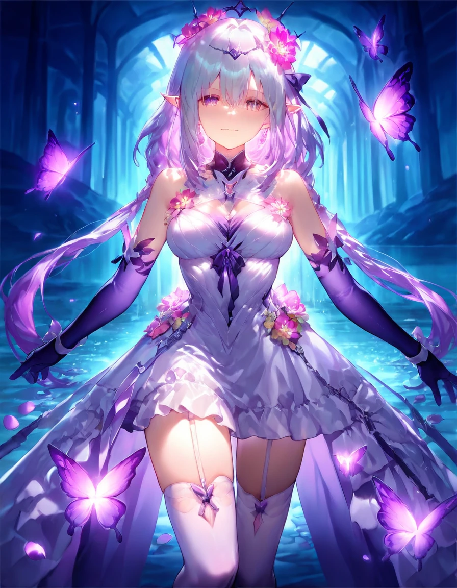 Castorice, 1girl, solo, long hair, looking at viewer, large breasts, hair ornament, thighhighs, gloves, dress, ribbon, cleavage, hair between eyes, bare shoulders, twintails, medium breasts, very long hair, closed mouth, standing, purple eyes, hair ribbon, purple hair, flower, sidelocks, thighs, cowboy shot, sleeveless, pointy ears, black gloves, elbow gloves, hair flower, water, white dress, white thighhighs, zettai ryouiki, petals, clothing cutout, sleeveless dress, halterneck, garter straps, cleavage cutout, bug, tiara, elf, butterfly, purple ribbon, purple gloves