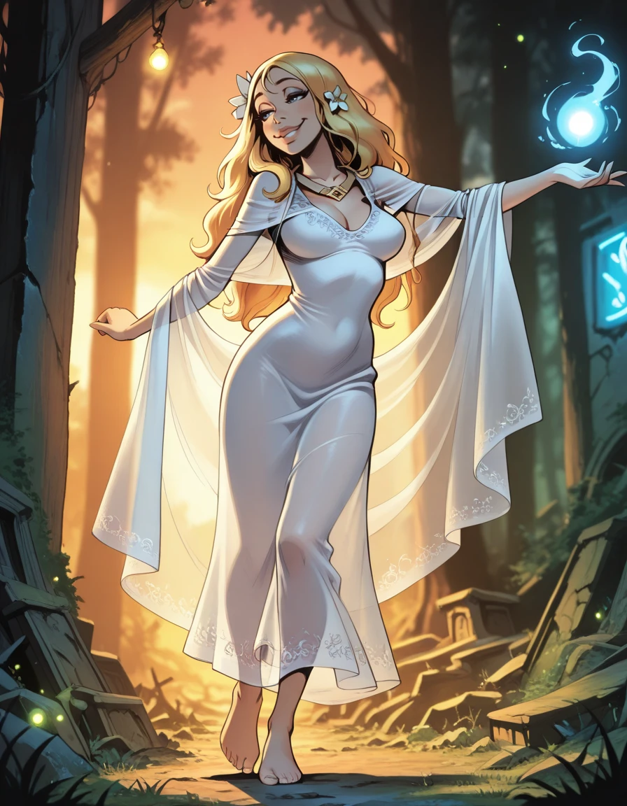 masterpiece, best quality, 1girl, solo, absurdres,
lorna,
freyjadg,
blonde hair, long hair, blue eyes,
uncensored,
hair flower, hair ornament, see-through, jewelry, shawl, dress,
barefoot,
smug, half-closed eyes ,
high up , Leaning back, mimicking a limbo dance ,
magic,
blurry background,
lips, eyelashes, eyeliner,
village, sunset, fireflies, forest,
ruins,
neon lights, glowing, dim_lighting,
blurry background,