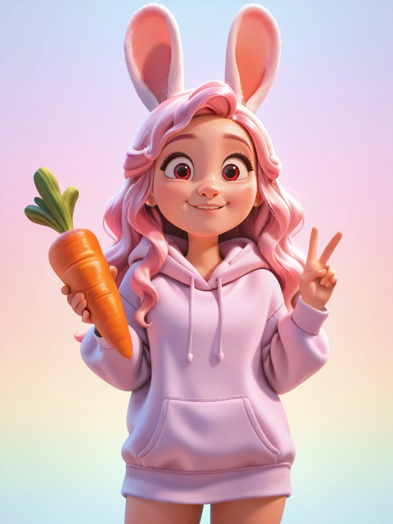 DisneyStudioXL, cinematic,
cute girl, rabbit ears, pink hair, wavy hair, red eyes, surprised, hoodie, v, holding a carrot, looking at viewer, cowboy shot, smile, cute, solo, multicolored background,
<lora:DisneyStudios_style-12IL:1>