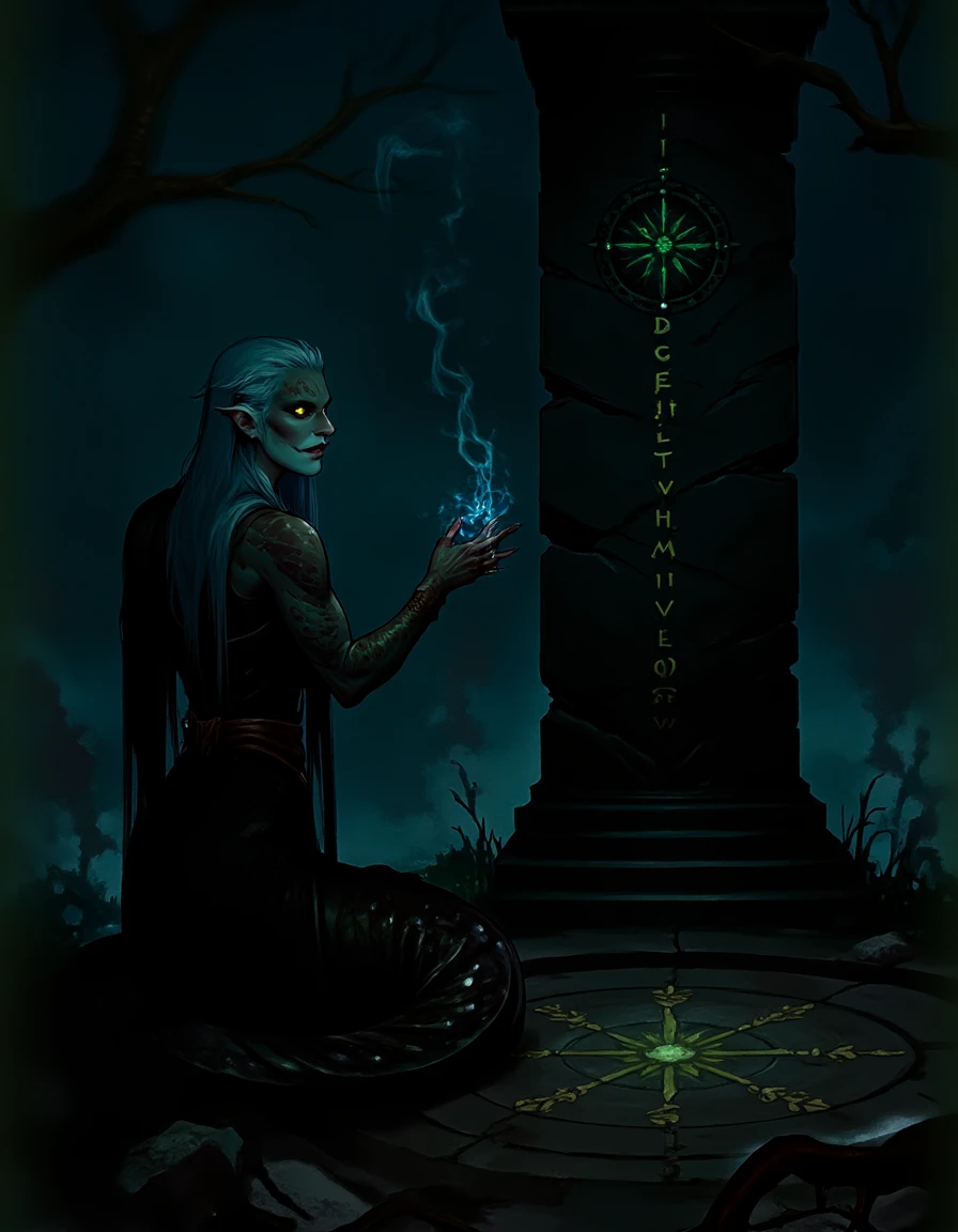 <lora:naga-lamia-concept:1.2>, A solemn priestess kneels before an ancient stone altar, her hands raised as she chants a prayer. A circle of softly glowing runes surrounds her, casting gentle light onto her ceremonial robes. Incense smoke curls into the cool night air, while unseen spirits seem to whisper at the edges of the ritual, n4g4