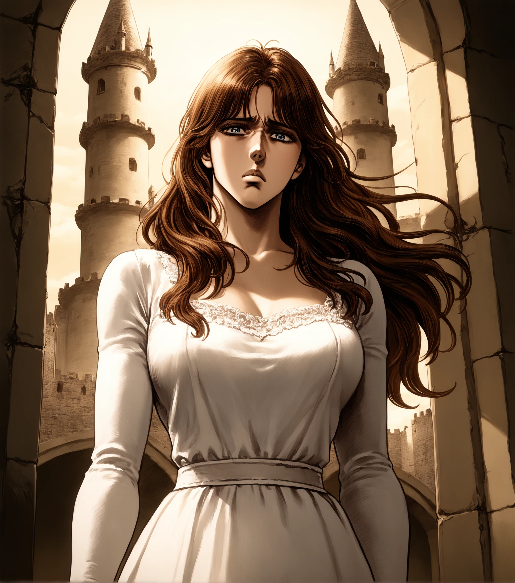 1girl,hokuto no ken,white dress,long hair,sad,castle,indoors,long sleeves,upper body,brown hair,amazing quality, very aesthetic, absurdres, masterpiece, newest