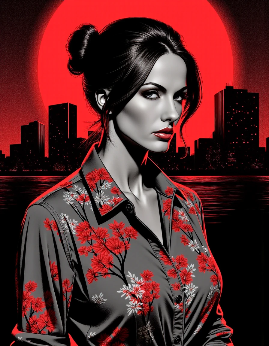 <lora:Catalina_Cruz-000007:1>, noir comic style with grey with red accents hues, portrait of a woman wearing a blouse decorated with red tree-like flowers, hair bun, at night with red moon in background, black cityline, <lora:lnrnr_flux_EliPot:1>