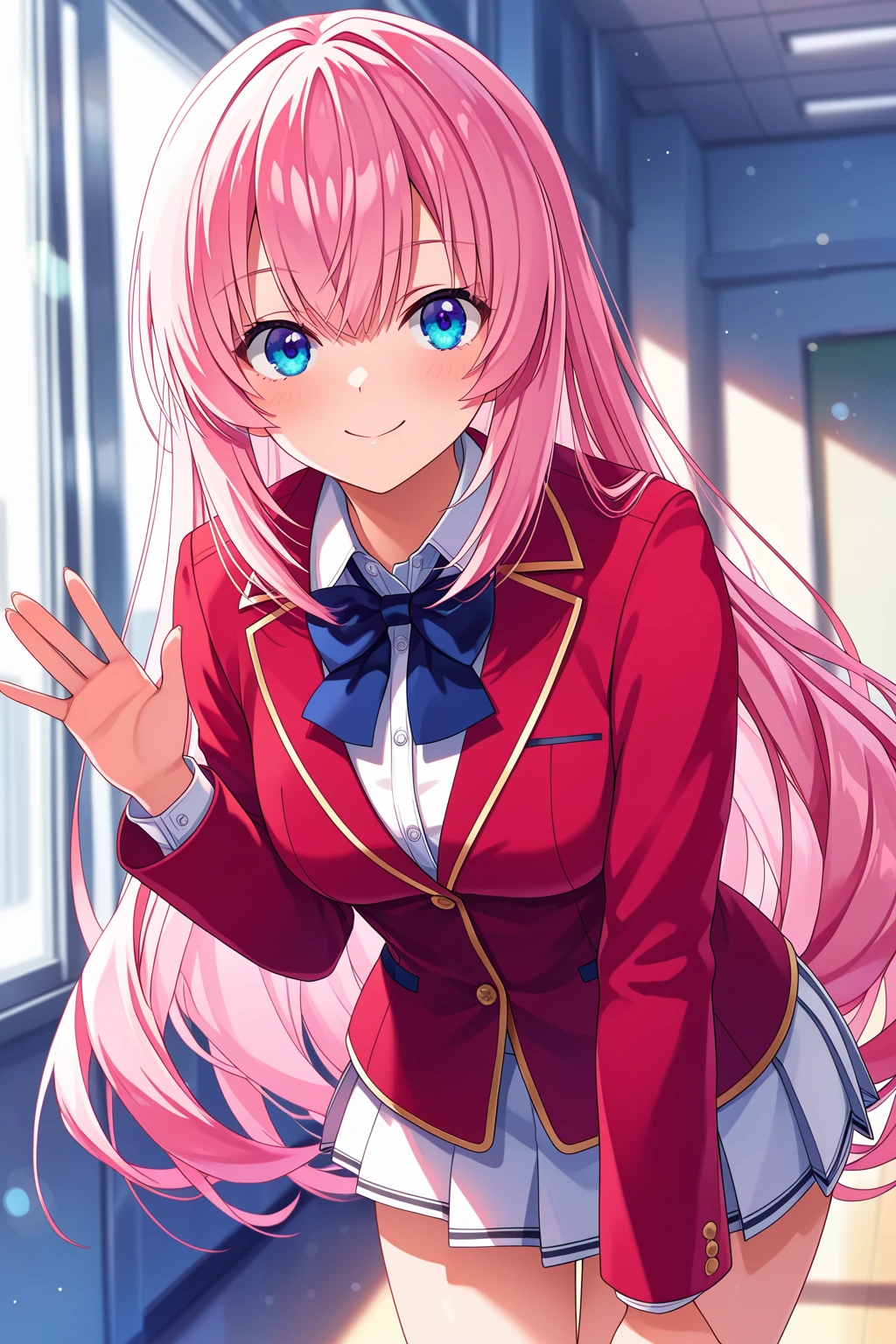 masterpiece, best quality, absurdres, safe
1girl honami ichinose pink hair long hair blue eyes
waving, leaning forward, red jacket, white shirt, school uniform, pleated skirt, white skirt
looking at viewer, smile
<lora:cote_aio_il_6_v1_d32:1>