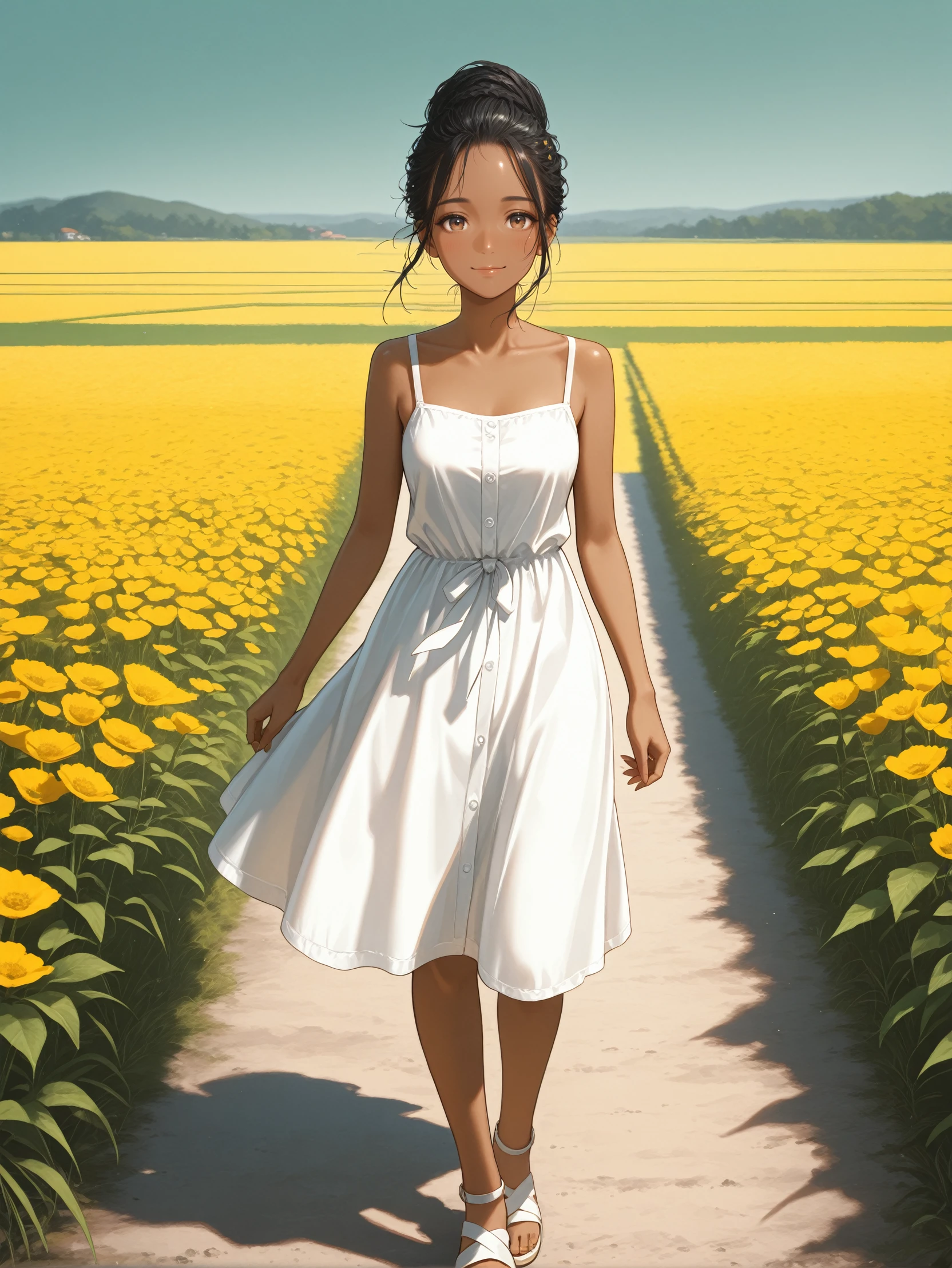 masterpiece, best quality, absurdres,
<lora:ILCyberPanam:1.0>
CyberPanam, 1girl, black hair, brown eyes, dark skin, looking at viewer, white sundress, sandals, field, bloom, flowers, walking, happy