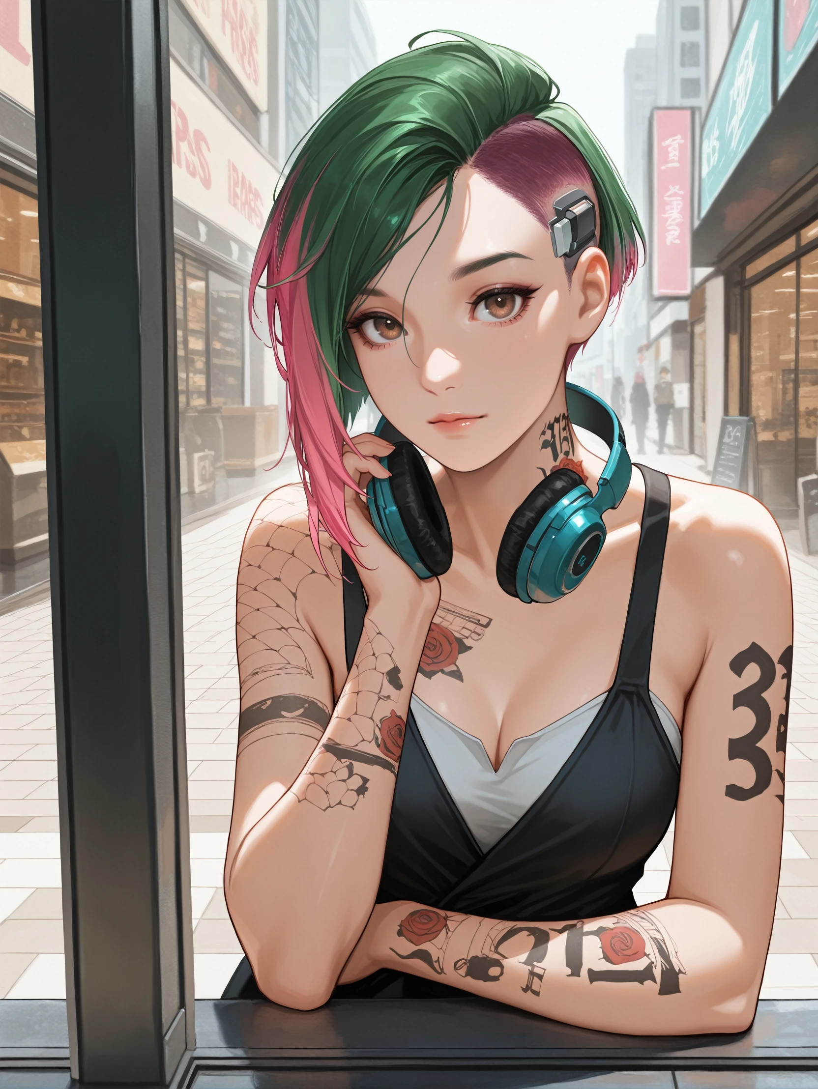 masterpiece, best quality, absurdres,
<lora:ILCyberJudy:1.0>
CyberJudy, 1girl, brown eyes, sidecut, asymmetrical hair, multicolored hair, pink hair, green hair, tattoo, looking at viewer, Leaning against her bike outside of the shopping district, listening to music through her headphones as she watches the world pass by.