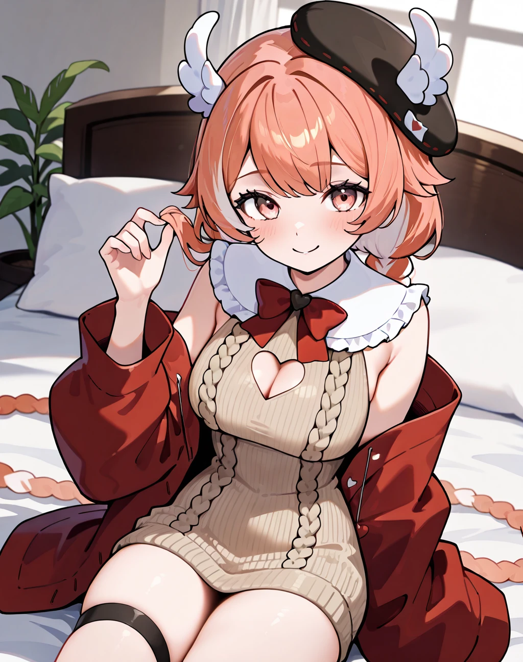 masterpiece, perfect quality, best quality, absolutely eye-catching, absurdres, highres, newest, <lora:pillowdear20IllustriousXL:1>, 1girl, pillowdear1st, cowboy shot, cleavage cutout, beret, jacket, smile, sitting,