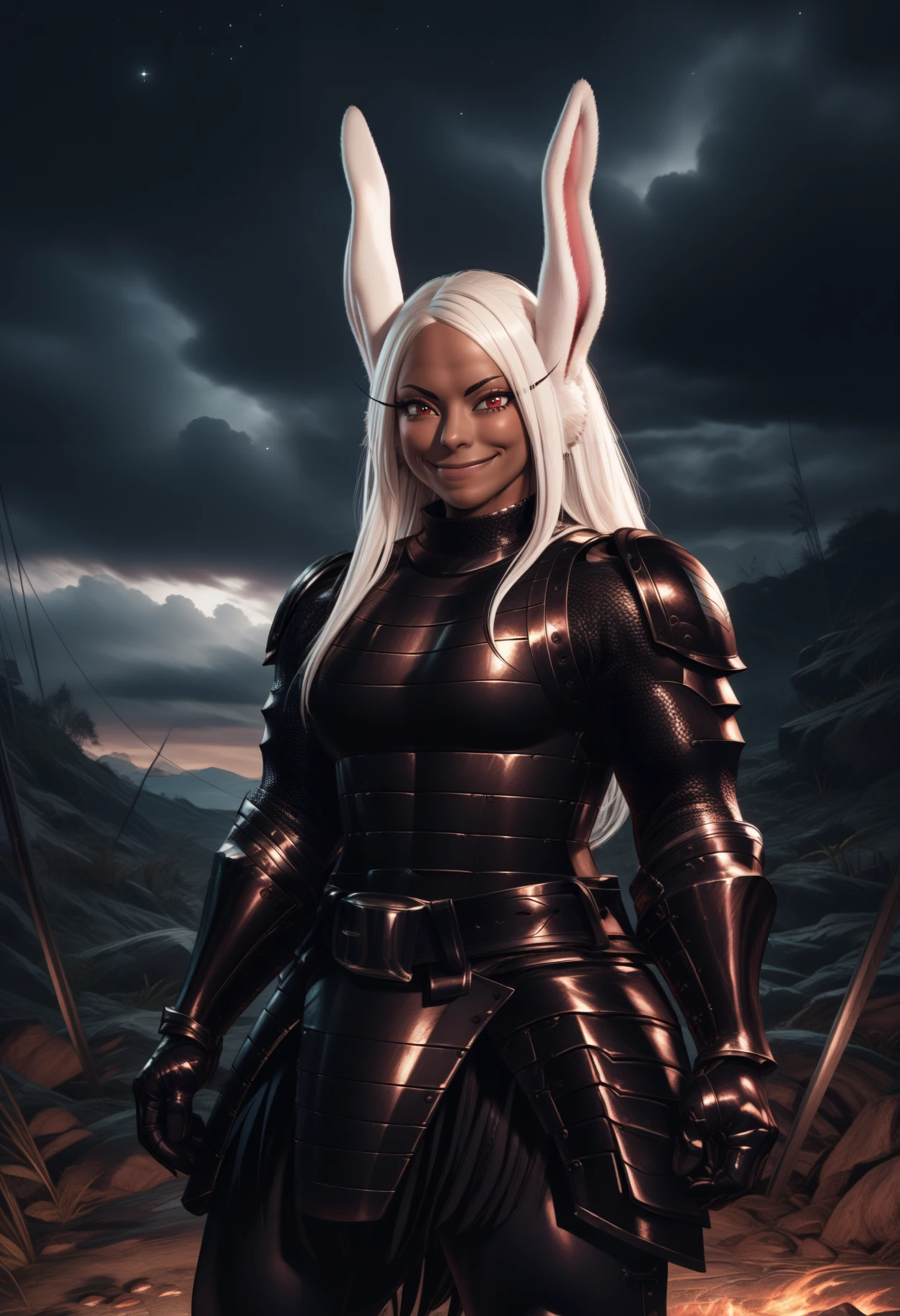 masterpiece, best quality, newest, hdr, dark, night, outdoors, dark clouds, cloudy sky, star \(sky\), starry sky, solo, rrwa0d, wearing rrwa0d, unworn mask, chainmail, black shoulder armor, black breastplate, black gauntlets, black belt, black faulds, black waist cape, black pants, greaves, cowboy shot, looking at viewer, smile, closed mouth, mirko, dark-skinned female, rabbit girl, rabbit ears,
<lora:Mad warrior set:1>
