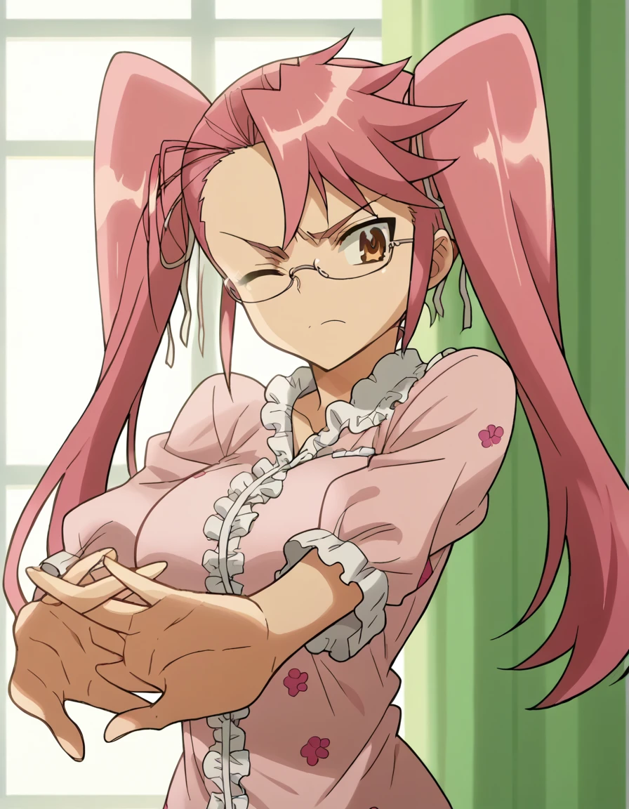 score_9, score_8_up, score_7_up, source_anime, <lora:saya-takagi-ponyxl-lora-nochekaiser:1>, saya takagi, long hair, ribbon, twintails, brown eyes, hair ribbon, pink hair, glasses, large breasts, anime screencap, <lora:outstretched-arms-cracking-knuckles-ponyxl-lora-nochekaiser:1>, outstretched arms cracking knuckles, stretching, own hands together, outstretched arms, cracking knuckles, one eye closed, pajamas, bedroom,