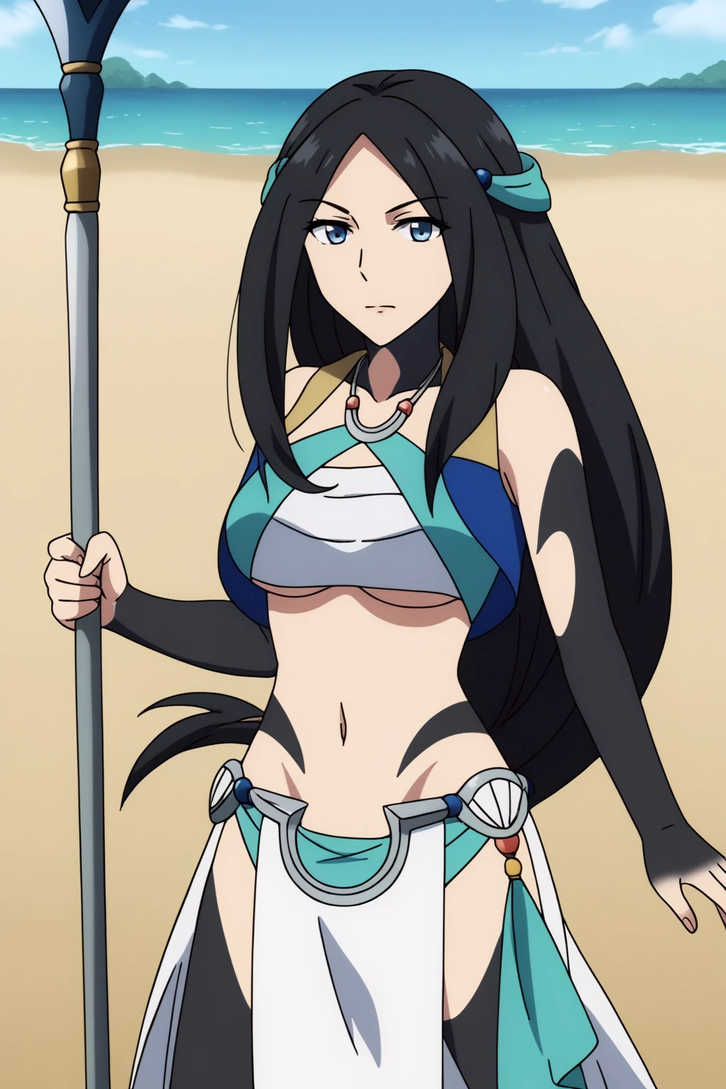 anime coloring, Sadina, dancer outfit, headband ribbon, vassal harpoon <lora:Sadina-PDXL:0.8>