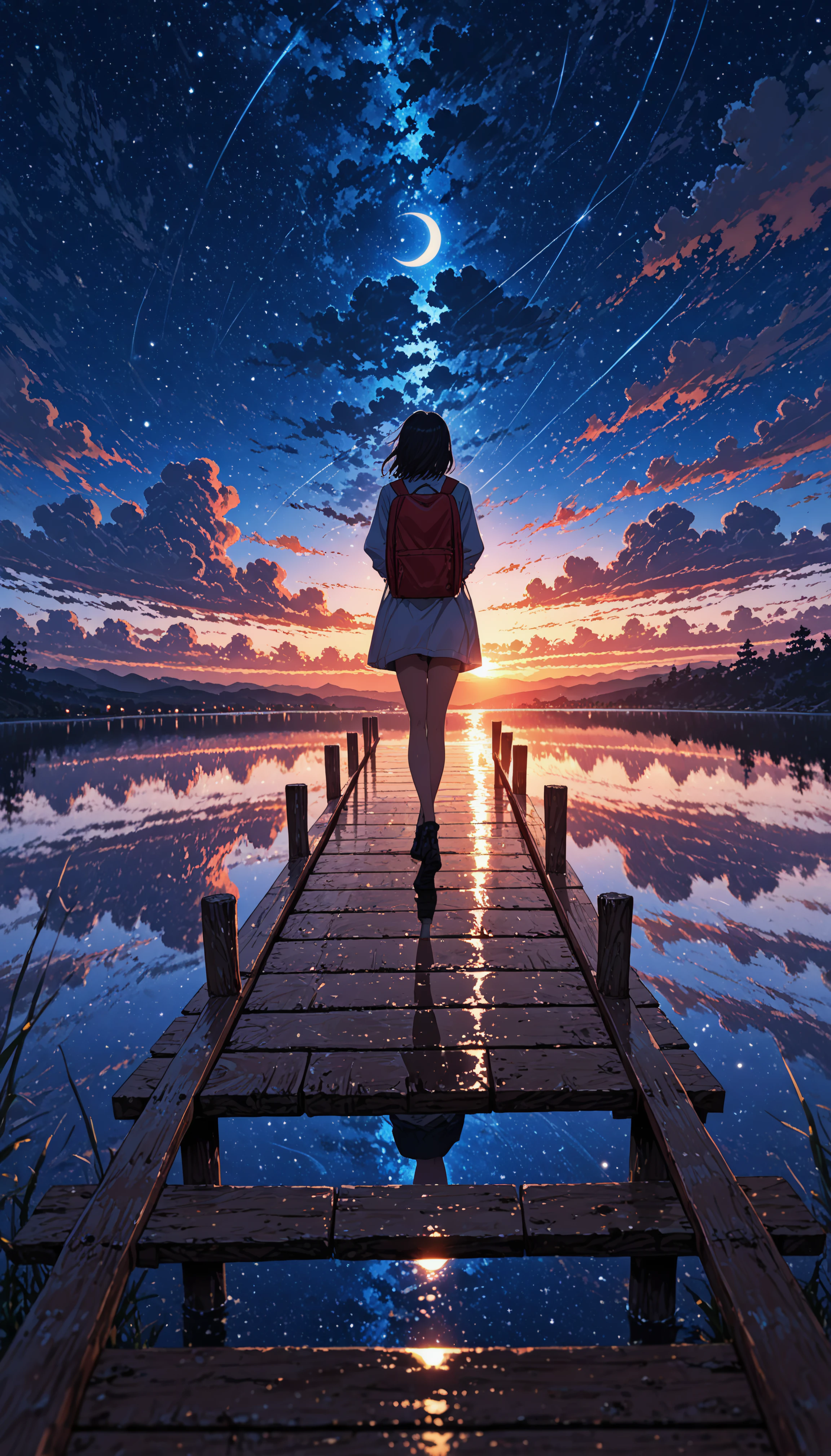 aniwall, anime, aesthetic, 8k wallpaper, detailed, 1girl, solo, standing, full body, outdoors, sky, cloud, backpack, water, night, star \(sky\), night sky, water reflection, starry sky, cloudy sky, blue sky, back, cloud formations, crescent moon, reflection, sunset, backlighting, lake, wooden pier, hdr, low contrast,
masterpiece, best quality, absurdres, highres, perfect anatomy, perfect lighting, (sharp image), dynamic angle