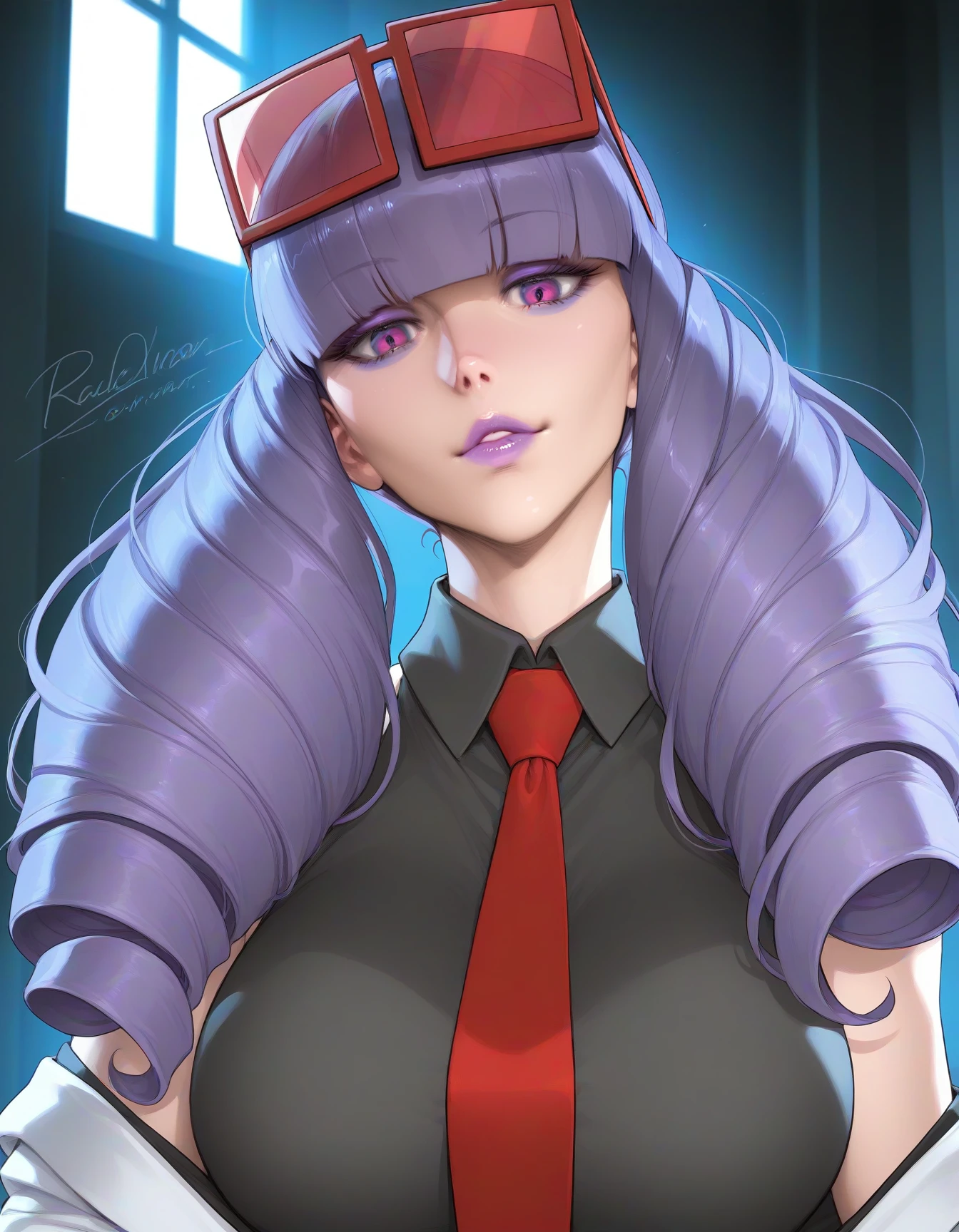 perfect anatomy, good quality, amazing quality, masterpiece, mature female, very awa, perfect quality, anime, detailed, 4k, detailed background, detailed illustration, professional illustration, high contrast, shadows, intense colors,, adult woman, grown up,
<lora:Rachelsmall-10:1> rachelpokemon, purple eyes, purple eyeshadow, purple hair, sunglasses,
sakimichan, redrop