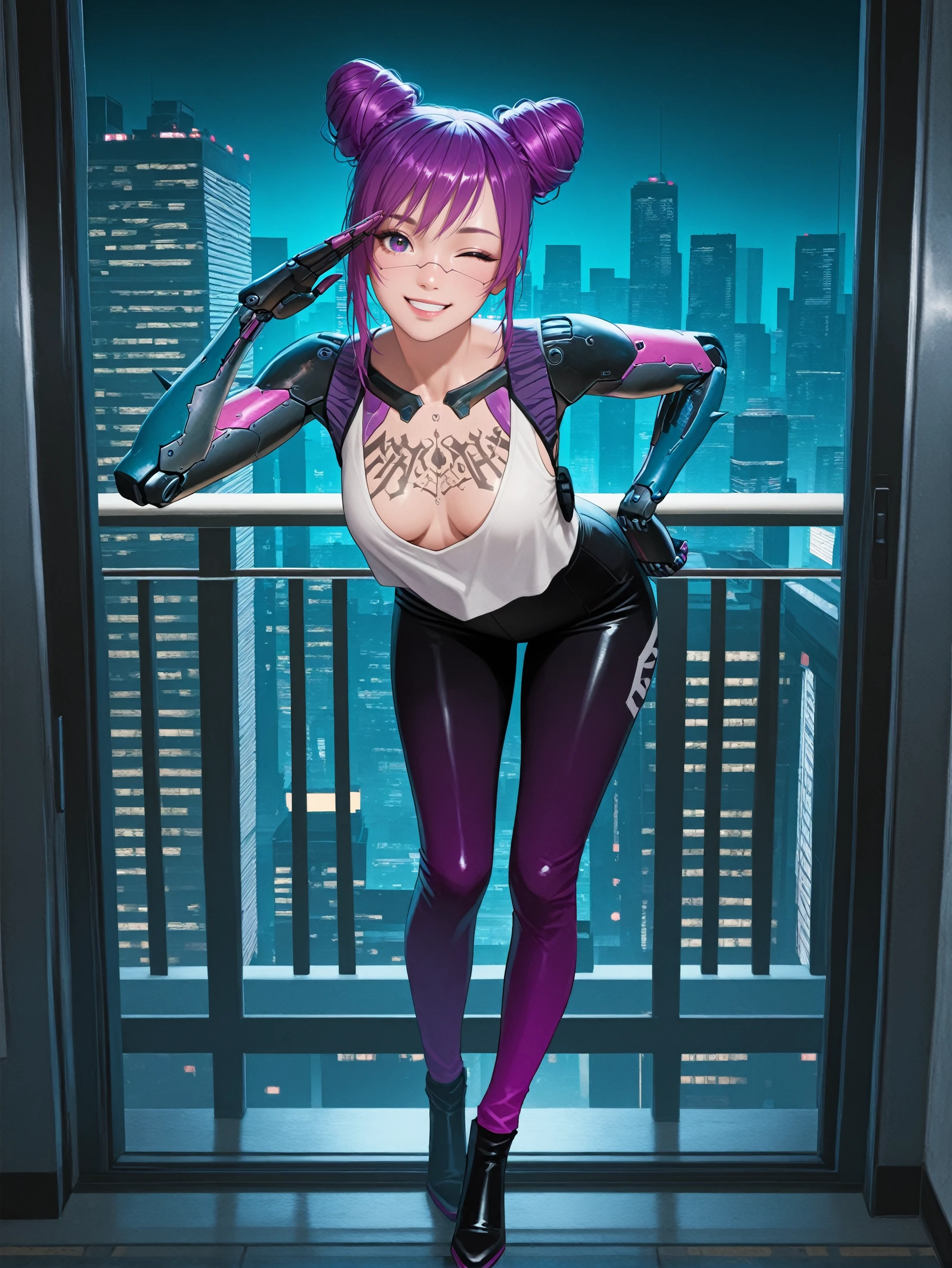 masterpiece, best quality, absurdres,
<lora:ILCyberRitaMoxBouncer:1.0>
CyberRitaMoxBouncer, 1girl, purple hair, hair buns, chest tattoo, mechanical arms, looking at viewer, happy, skyscraper, at night, wink, leaning forward, salute, full body