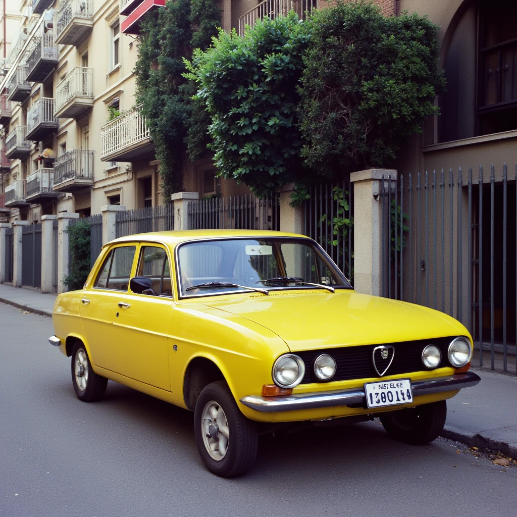 cinematic film still of <lora:Cinematic Film Stock Nolan v1:0.9>
Cinematic Film Stock Footage of a yellow Alfa Romeo 105/115 Series car parked on the side of a road, 5219 500T style, 5207 250D style, Fujicolor style, 5213 200T style, 5203 50D style, perfect image, perfect body, perfect anatomy, sharp image, detailed image, film color style, high quality photography, cinematic photography style, Cinematic Film Stock style, outdoors, tree, no humans, window, shadow, sunlight, plant, scenery, motor vehicle, fence, car, road, vehicle focus, sports car, day, building, traditional media, license plate, margining daylight, shallow depth of field, vignette, highly detailed, high budget, bokeh, cinemascope, moody, epic, gorgeous, film grain, grainy