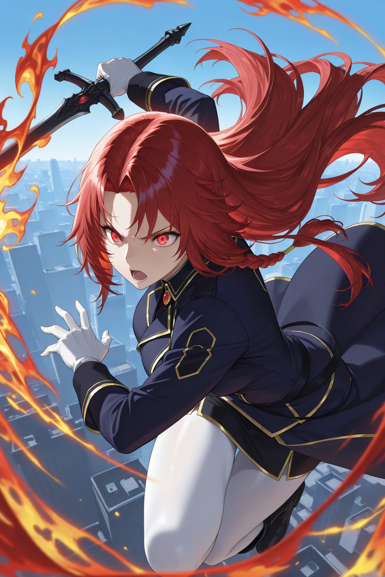 masterpiece, best quality, 1girl, solo, <lora:irismidgar-illu-nvwls-v1-000006:1> imidgar, red hair, long hair, parted bangs, braid, red eyes, dark blue coat, gold trim, black skirt, white pantyhose, white gloves, black boots, blue sky, jumping, holding sword, swirls of flame, open mouth, serious, cityscape, dynamic pose