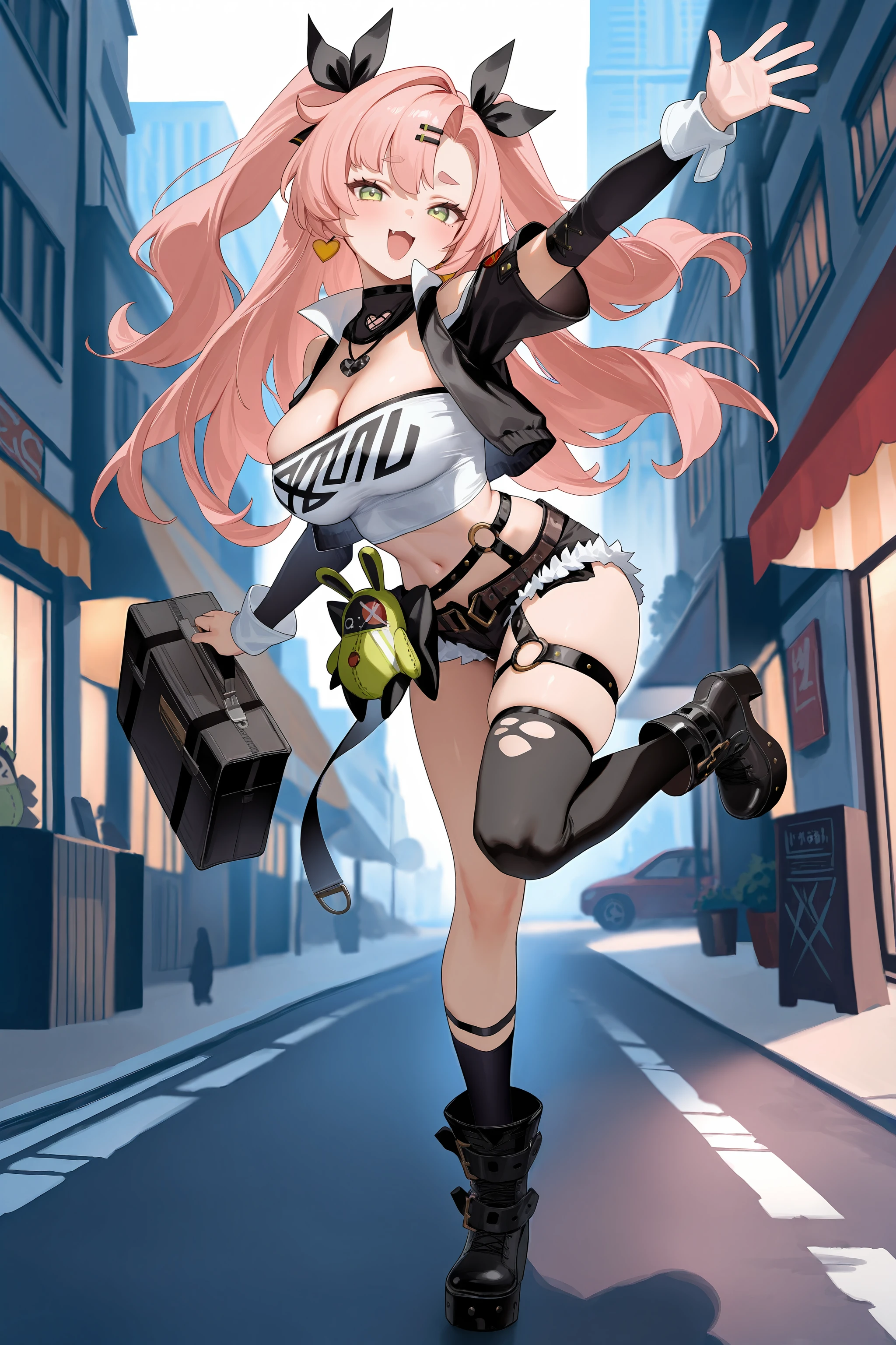 1girl, nicole demara, tube top, single thighhigh, thigh strap, short shorts, cropped jacket, two side up, hair ribbon, hairclip, earrings, high belt, detached sleeves, doll, black collar, looking at viewer, smiling, open mouth, street, outdoors, depth of field, standing on one leg, waving, full body, belt boots, single sock <lora:Char-ZZZ-Nicole-IL-V2:0.9:hr=0.6>, mimoza \(96mimo414\), rei \(sanbonzakura\), mochi \(circle rin\), (rhasta, yonchan, watao, minaba hideo:0.95)
masterpiece, best quality, amazing quality, very aesthetic, absurdres, newest, (scenery, volumetric lighting)