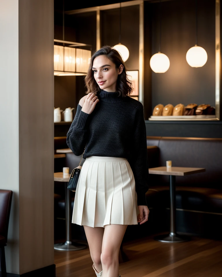 Luxurious Elegance, , best quality, realistic, photo , flash photo,<lora:GalGadotQuiron_v04i05e15t05nr77na77ada_Lora:1> galgadotquiron, realistic, solo, 1girl, black hair, looking at viewer, a woman, In the cozy ambiance of a corner café, with the aroma of freshly brewed coffee and the murmur of hushed conversations, a cinematic photo captures a moment of urban solitude. Full body shot focus, Photorealistic portrait in breathtaking detail, photo scanned at ultra-high resolution, inspired by Helmut Newton and Peter Lindbergh. Warm, inviting light, intimate café backdrop, an expression of contented solitude, light makeup with a soft, pink lip, hair cascading in loose waves, wearing a comfortable cashmere sweater, a pleated midi skirt, and ankle boots, reflecting the casual elegance of city life. 35mm photograph, film, bokeh, professional, 4k, highly detailed., closeup, realistic, beautiful, emotional, shiny, rich, glowing color, intricate, elegant, amazing composition, ambient, dynamic vivid colors, epic, best, gorgeous, stunning, perfect, healthy, magical atmosphere, creative, positive, unique, vibrant, confident, pure, attractive, cute, friendly, thought, iconic, cool, awesome, lovely, fabulous, fantastic, full, outstanding,, ,, extravagant, ornate, designer, opulent, picturesque, lavish
