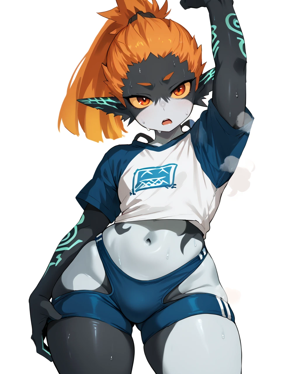 <lora:TLOZ_Midna-PONY:0.8> <lora:Clothing_TBackShorts-PONY:0.8> tlozmidna, solo, open mouth, orange hair, ponytail, colored sclera, two-tone skin, black skin, white skin, neon-trim, posing, buruma, t-back_spats, shorts, short sleeves, arm up, stretching, sweat, steam, wide hips, thick thighs, cowboy shot, white background, score_9, score_8_up, score_7_up, score_6_up,