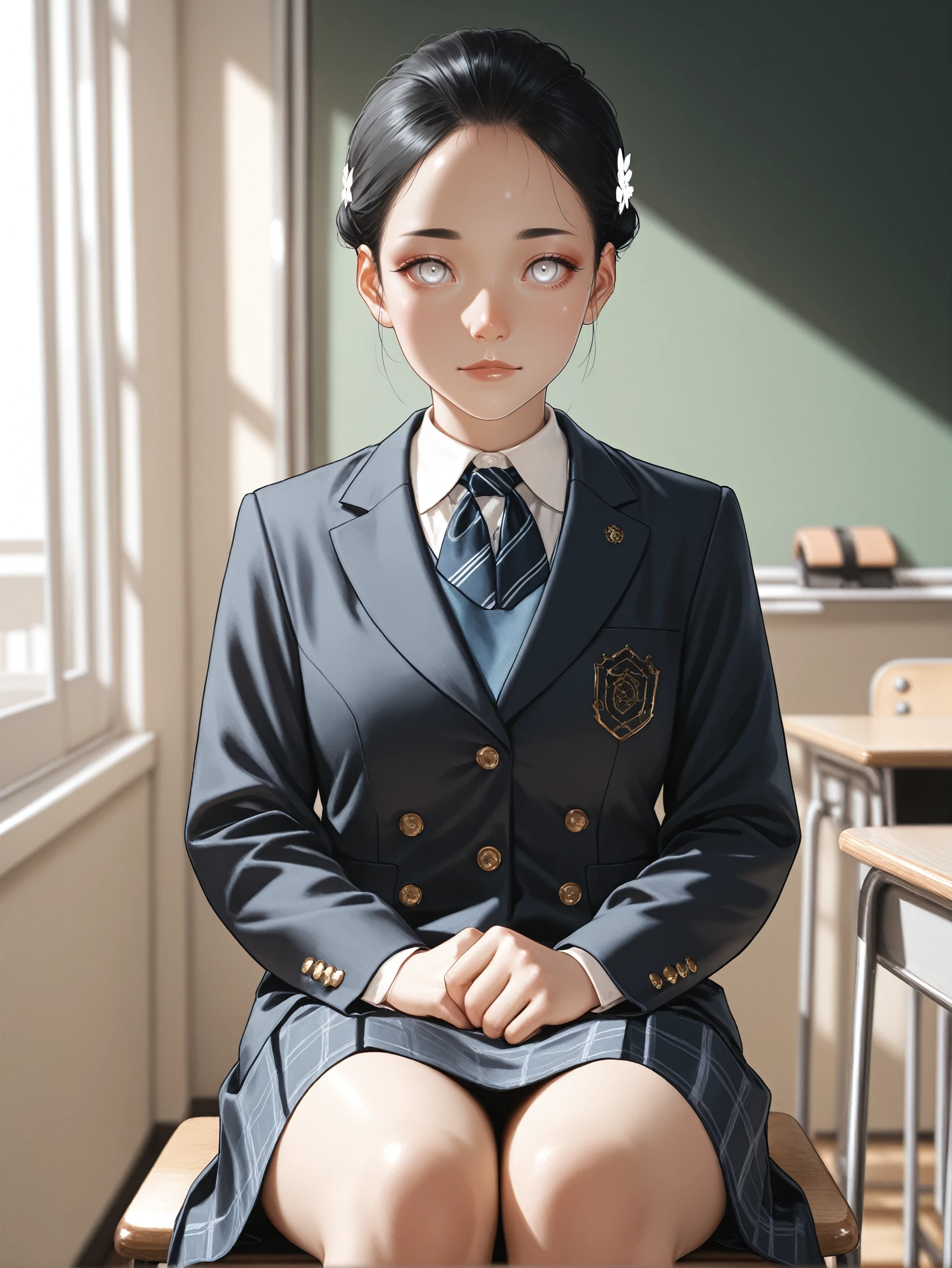 masterpiece, best quality, absurdres,
<lora:ILCyberHanako:1.0>
CyberHanako, 1girl, black hair, white eyes, looking at viewer, in classroom, school uniform, sitting