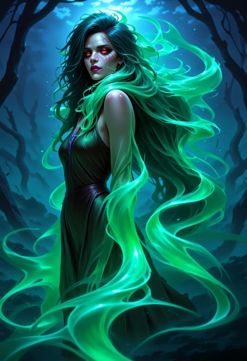 FantasyCardd-V1.0 illustration of a dark, moody, and ethereal style, featuring a hauntingly beautiful woman. The artwork is rendered in a digital medium, likely using software like Adobe Photoshop or Illustrator, with a focus on vibrant, glowing, and swirling effects. The woman has long, flowing hair that appears to be made of a glowing, ethereal substance, with colors shifting between various shades of teal and green, creating a mesmerizing, almost liquid-like texture.