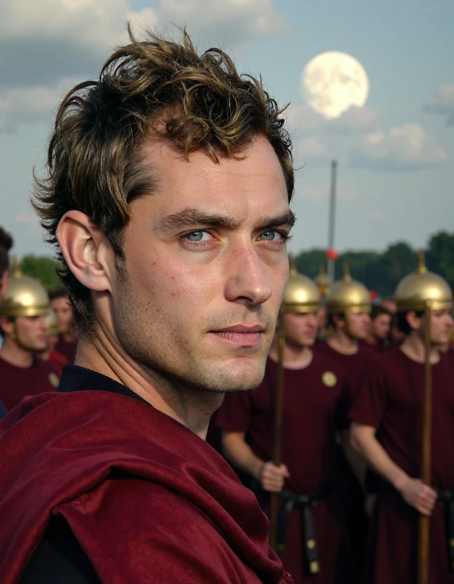 <lora:Jude_Law_Ca2004:1> man, short black spiked hair A Roman Commander Ad 70 During The Sacking Of London. they Stands Overlooking A Battlefield Wtheire Thousands Of Roman Legion Soldiers Are Fighting, Full Roman Legion Uniform, Behind their In The Sky Is A Full Moon But It Is Day Time, This Provides A Surreal Scene For A Final Battle, Extreme Close-Up, Zoomed, Focus On Face, Centered, Macro Shot, Face Centered, Focus On Eyes, Looking Directly At The Viewer, Looking Directly At The Camera, Making Eye Contact, Looking Straight Ahead, <lora:zz_s_Chest_Size_Slider:-2> High Collar, Chest Covered