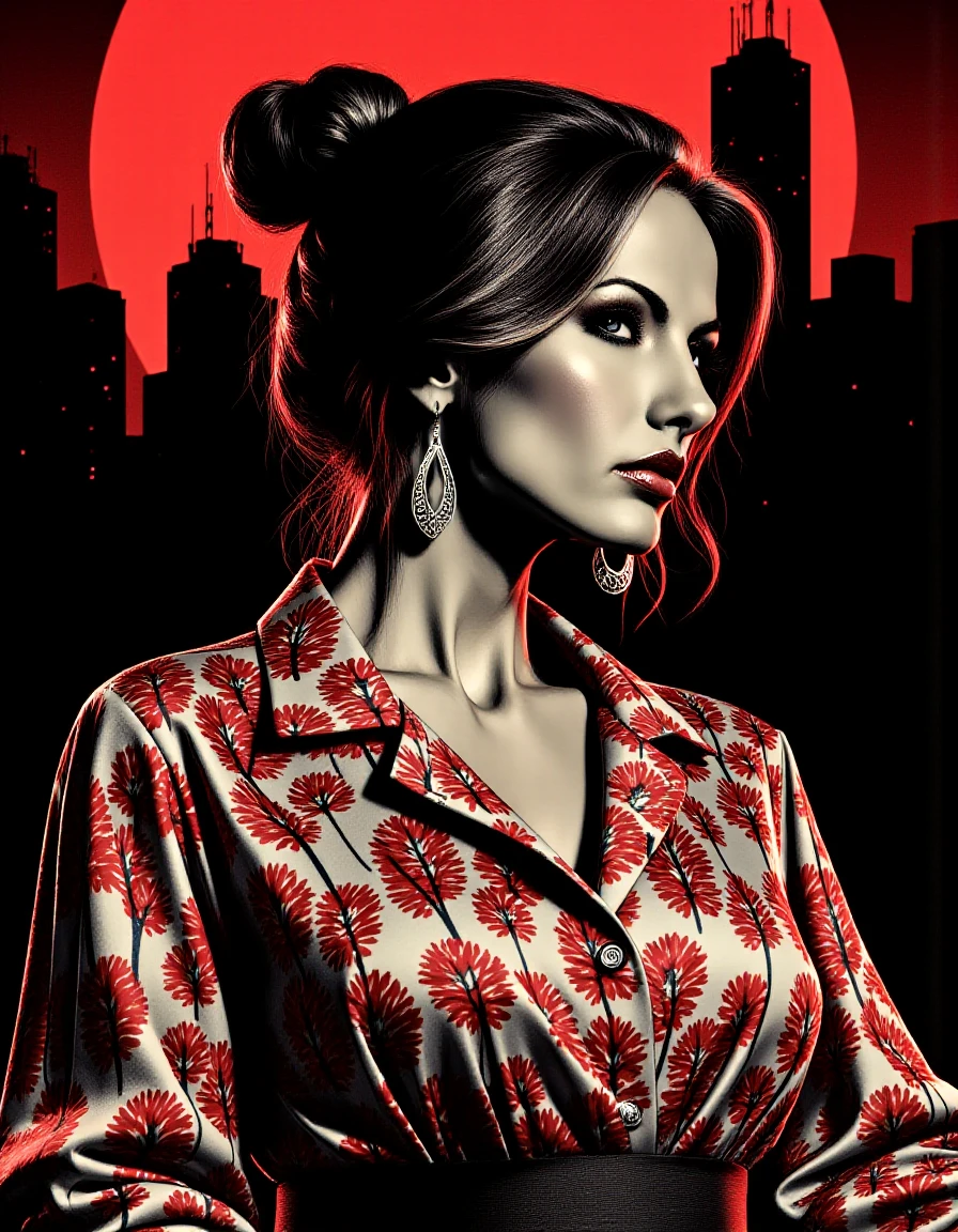 <lora:Catalina_Cruz:1>, noir comic style with grey with red accents hues, portrait of a woman wearing a blouse decorated with red tree-like flowers, hair bun, at night with red moon in background, black cityline, <lora:lnrnr_flux_EliPot:1>