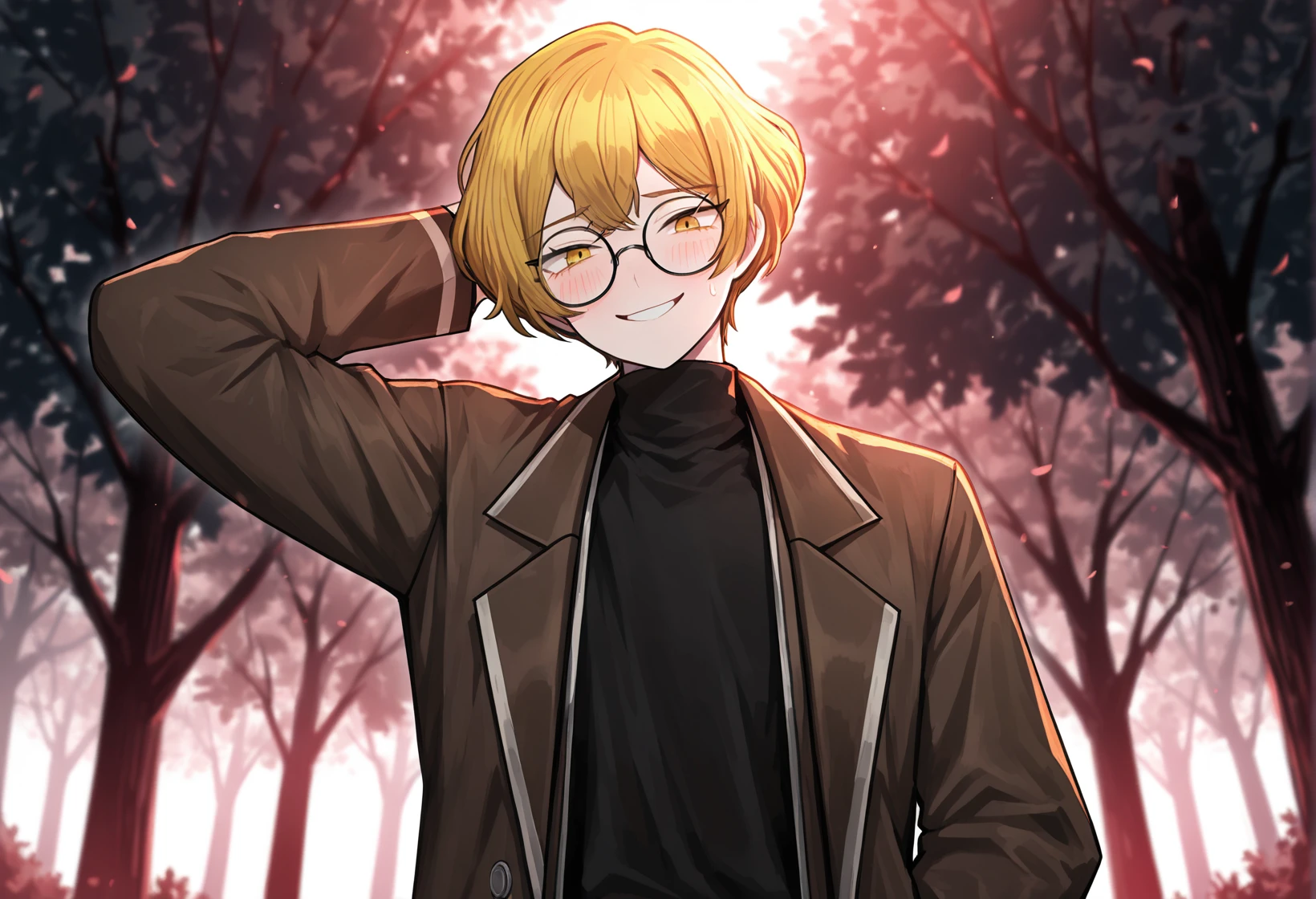 masterpiece,best quality,amazing quality,very aesthetic,absurdres,newest,upper body,1boy,(solo),sinclair,\(project moon)\,(masculine:0.75),thin eyes,blond hair,yellow eyes,brown jacket,open jacket,black turtle neck,round glasses,black glasses,(nervous:0.65),one hand behind head,blushing,smiling,at a park,trees,ambient lighting,from below,<lora:Limbus7:0.68>,limbusstyle