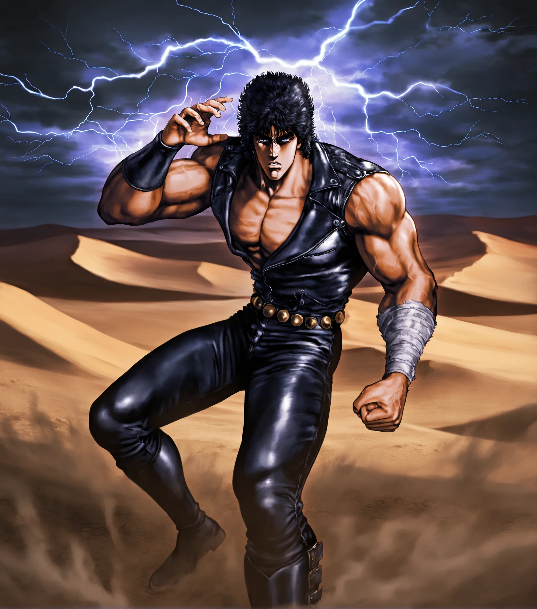 1boy,hokuto no ken,sort hair,leather jacket,leather pants,upper body,desert,dust,black hair,sleeveless,muscular,bandaged arm,one hand up,clenched hand,night,thunder,intense eyes,knee boots,full body,amazing quality, looking away, very aesthetic, absurdres, masterpiece, newest