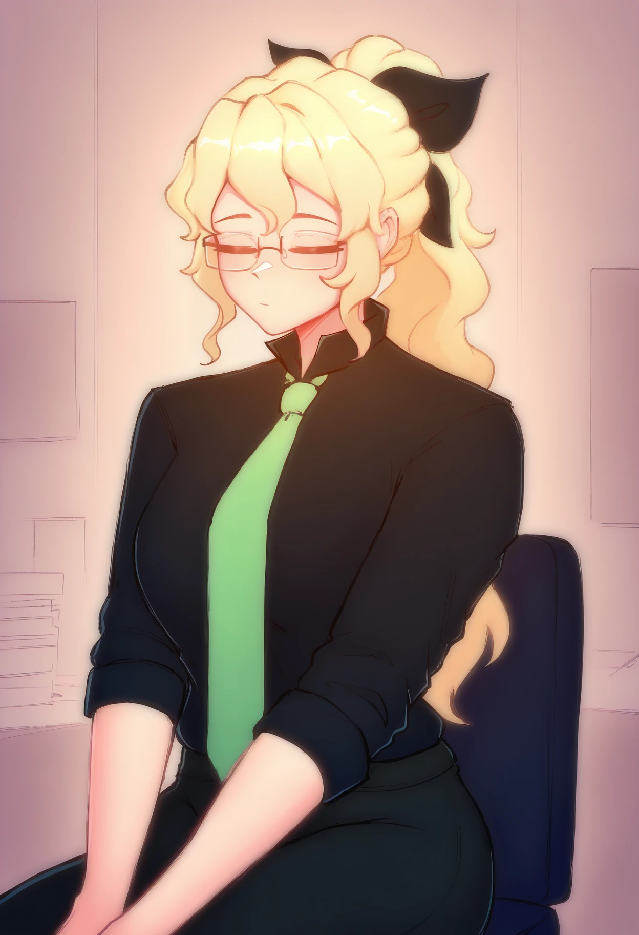 masterpiece, best quality, newest, absurdres, highres, 1girl, solo, <lora:NSLillyKatawa:1> NSLillyMisc, closed eyes, blonde hair, long hair, ponytail, black ribbon, hair ribbon, black shirt, collared shirt, green necktie, glasses, office, sitting, black pants