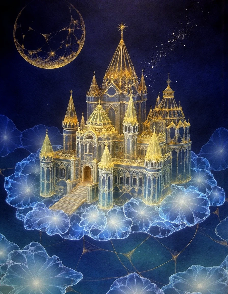 a dinhng style painting , a glowing palace floating on a translucent cloud, surrounded by intricate golden patterns and a mystical starry sky, <lora:nihonga-stardust_v32-000070:1>