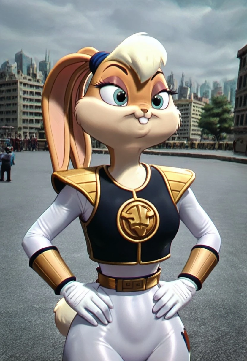 score_9, score_8_up, score_7_up
, masterpiece, beautiful, screencap,
l0l4 bunny, furry female, rabbit girl, rabbit ears, animal nose, rabbit tail, wwide hips, big breast, white bodysuit, white bodysuit under vest,
,1 girl, wide hips, normal breast, standing, hands on hips,TigermRanger, Tight suit, whie colored suit, white gloves,gold belt,black colored vest with shoulder-pads, golden vambraces,shiny gold elements,sheath, outdoors, city,