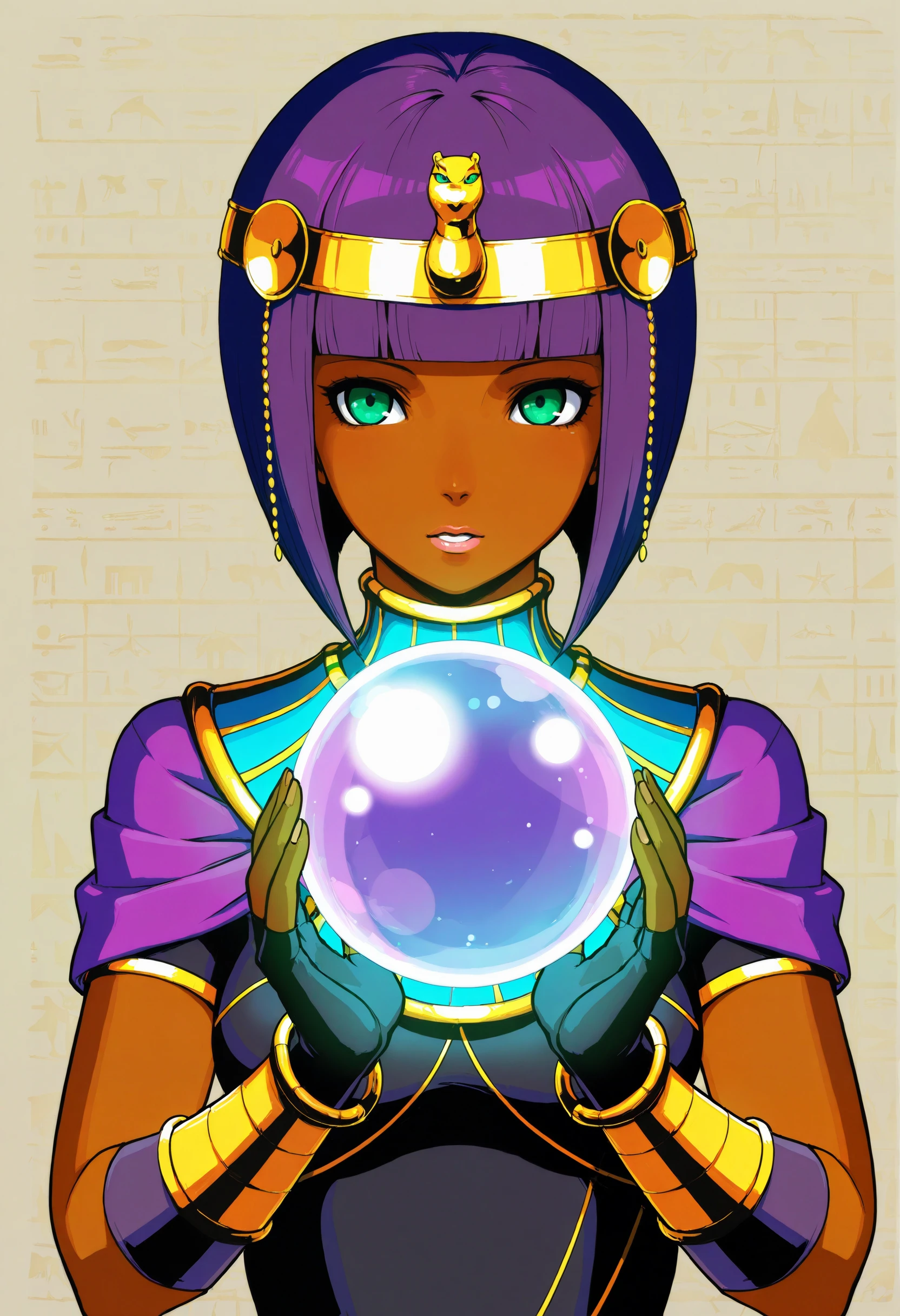 1girl,solo,dark skin, purple hair, menat, short hair, crystal ball, blunt bangs, fingerless gloves, green eyes, bracelet, bob cut, egyptian, circlet,