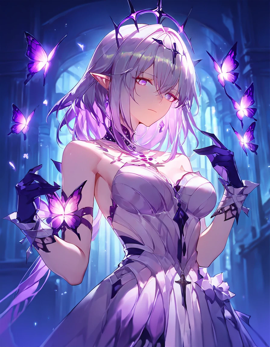 Castorice, 1girl, solo, long hair, hair ornament, gloves, dress, bare shoulders, closed mouth, purple eyes, upper body, purple hair, sleeveless, pointy ears, black gloves, sleeveless dress, bug, elf, butterfly, purple dress, crystal, purple gloves, elysia (honkai impact)