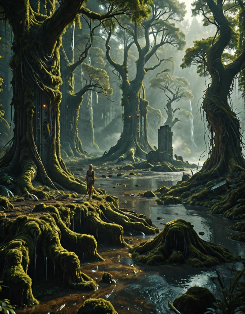 <lora:Space_Worlds_02__Dark:1.0> sw02d_illus, elf in the forest, elven, trees, moss, roots, water, wet, ruins,