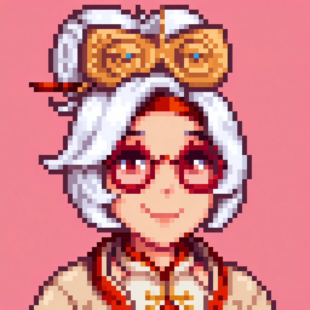 masterpiece, best quality, solo, 1girl, smile, looking at viewer, <lora:Stardew-Valley-Portraits-illus_Fp:1>, pixel art, portrait, simple background, <lora:purah-illu-nvwls-v1:1>, pur4h, white hair, red eyes, hair bun, hair ornament, red headband, red glasses, sleeveless shirt, beige shirt, beige jacket, red trim, open jacket,