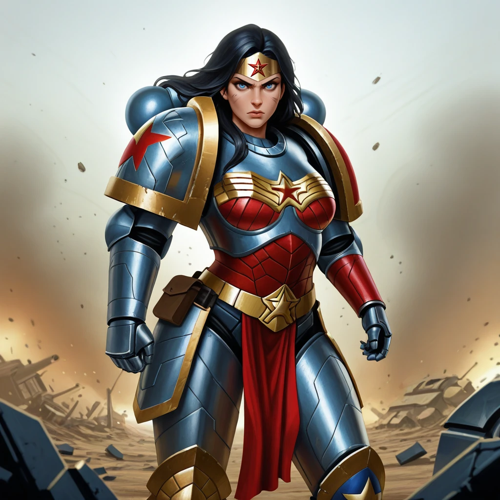 masterpiece, best quality, spacemarines, 1girl, solo, armor, pauldrons, gauntlets, breastplate, leg armor, full armor, bulky armor, wonder woman, cowboy shot, <lora:SpaceMarines_Creator_warhammer_Leaf1:0.8>, adeptus astartes, outdoors, debris, battlefield, bevor,