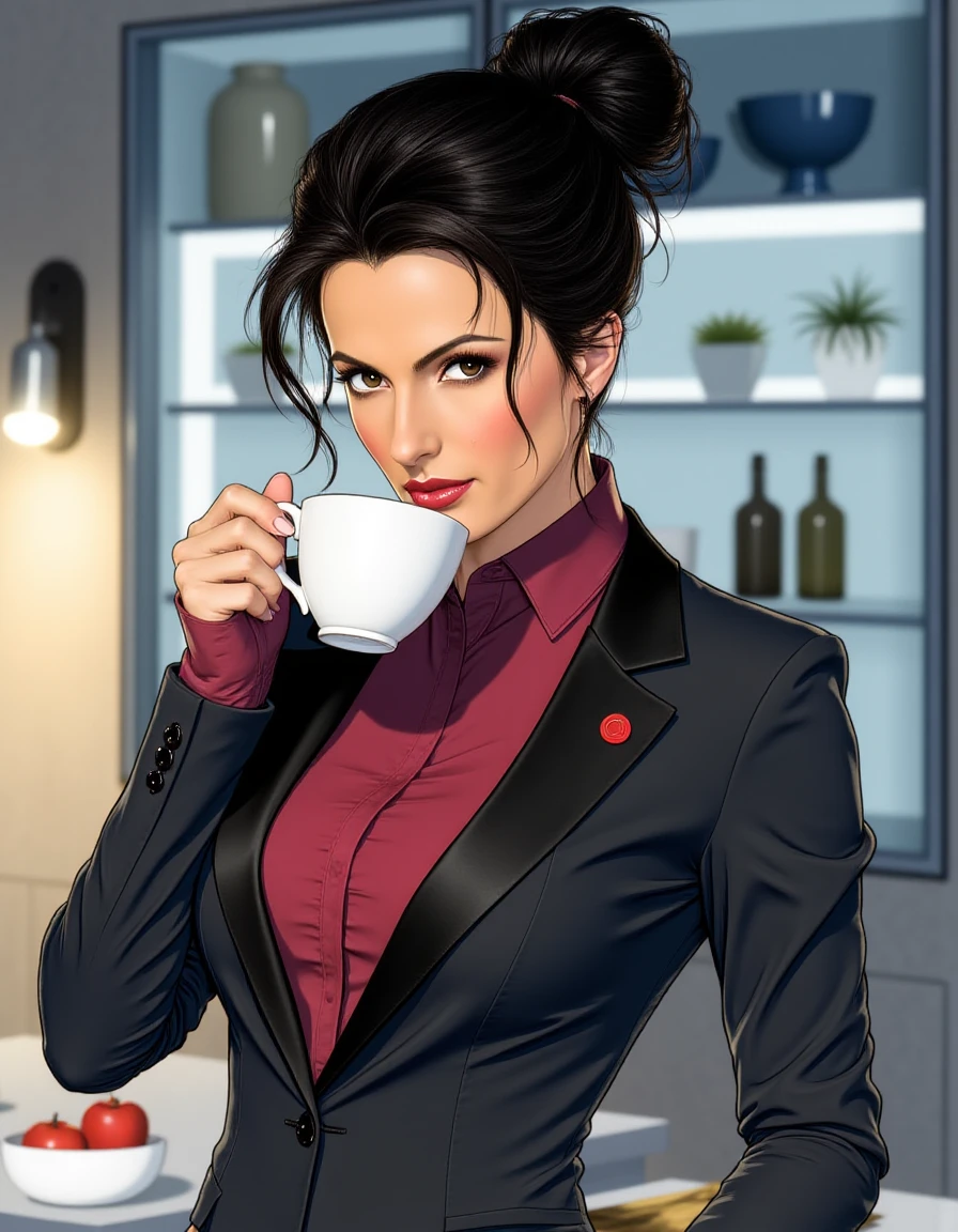 <lora:Catalina_Cruz-000007:1>, photo of a beautiful woman wearing a futuristic business suit, red pin on collar, sipping coffee from a cup in a futuristic space kitchen, mad-nglstl, illustration, <lora:patrick-nagel-style-flux:1.0>