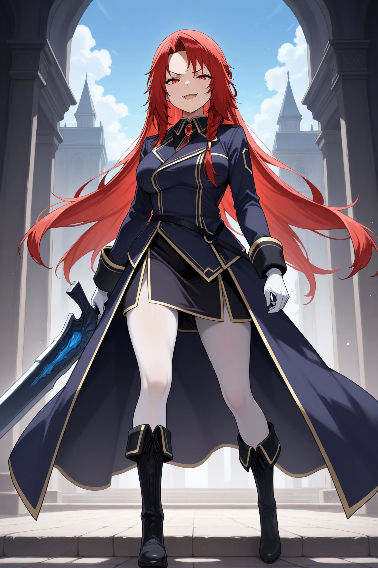 masterpiece, best quality, 1girl, solo, <lora:irismidgar-illu-nvwls-v1-000006:1> imidgar, red hair, long hair, parted bangs, braid, red eyes, dark blue coat, gold trim, black skirt, white pantyhose, white gloves, black boots, full body, blue sky, holding greatsword, looking at viewer, smug, smirk, open mouth, happy