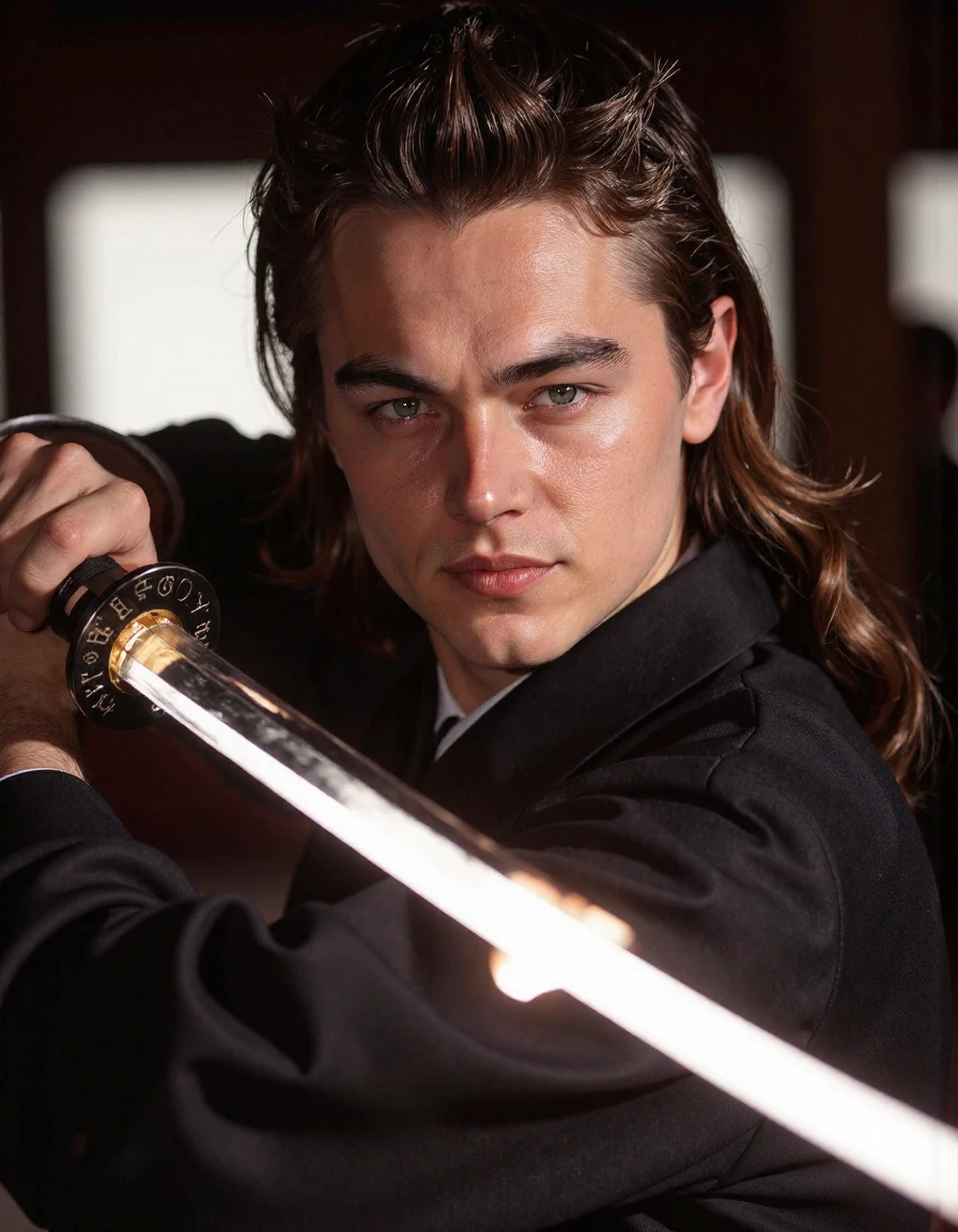 <lora:leonardo-dicaprio-ca1997-000005:1> man As a Caucasian Samurai, Action Scene, Mid-Swing, Stern, Fierce, Kimono, Armor Do-Maru, Hakama Pants, Katana, Bushido Code, Shogunate, Holding A Katana Glowing With White Energy, Glow Effects, Particle Effects, Long Hair Flowing In The Wind, Standing In A Dojo Training For The Next Battle, glowing white sparks emanate from the blade, Extreme Close-Up, Zoomed, Focus On Face, Centered, Macro Shot, Face Centered, Focus On Eyes, Looking Directly At The Viewer, Looking Directly At The Camera, Making Eye Contact, Looking Straight Ahead, <lora:zz_s_Chest_Size_Slider:-2> High Collar, Chest Covered, Glow Effects, God Rays, Hand Drawn, Render, 3d Render, Octane Render, Cinema 4d, Blender, Dark, Atmospheric 4k Ultra Detailed, Cinematic, Sharp Focus, Big Depth Of Field, Masterpiece, Colors, 3d Octane Render, 4k, Concept Art, Trending On Artstation, Hyper Realistic, Vivid Colors, Extremely Detailed Cg Unity 8k Wallpaper, Trending On Cgsociety, Intricate, High Detail, Dramatic, Professional Photo, Glow Effects, God Rays, Cinematic, Sharp Focus, Big Depth Of Field, Masterpiece, Colors, 4k, Hyper Realistic, Vivid Colors, Extremely Detailed, 8k Wallpaper, Intricate, High Detail, Dramatic Lighting, High Contrast, Shadows, Highlights, Cinematic, Atmospheric <lora:zz_s_Fluxartis:0.5> A highly detailed cinematic photography <lora:zz_s_Stylish_Lighting:0.5>